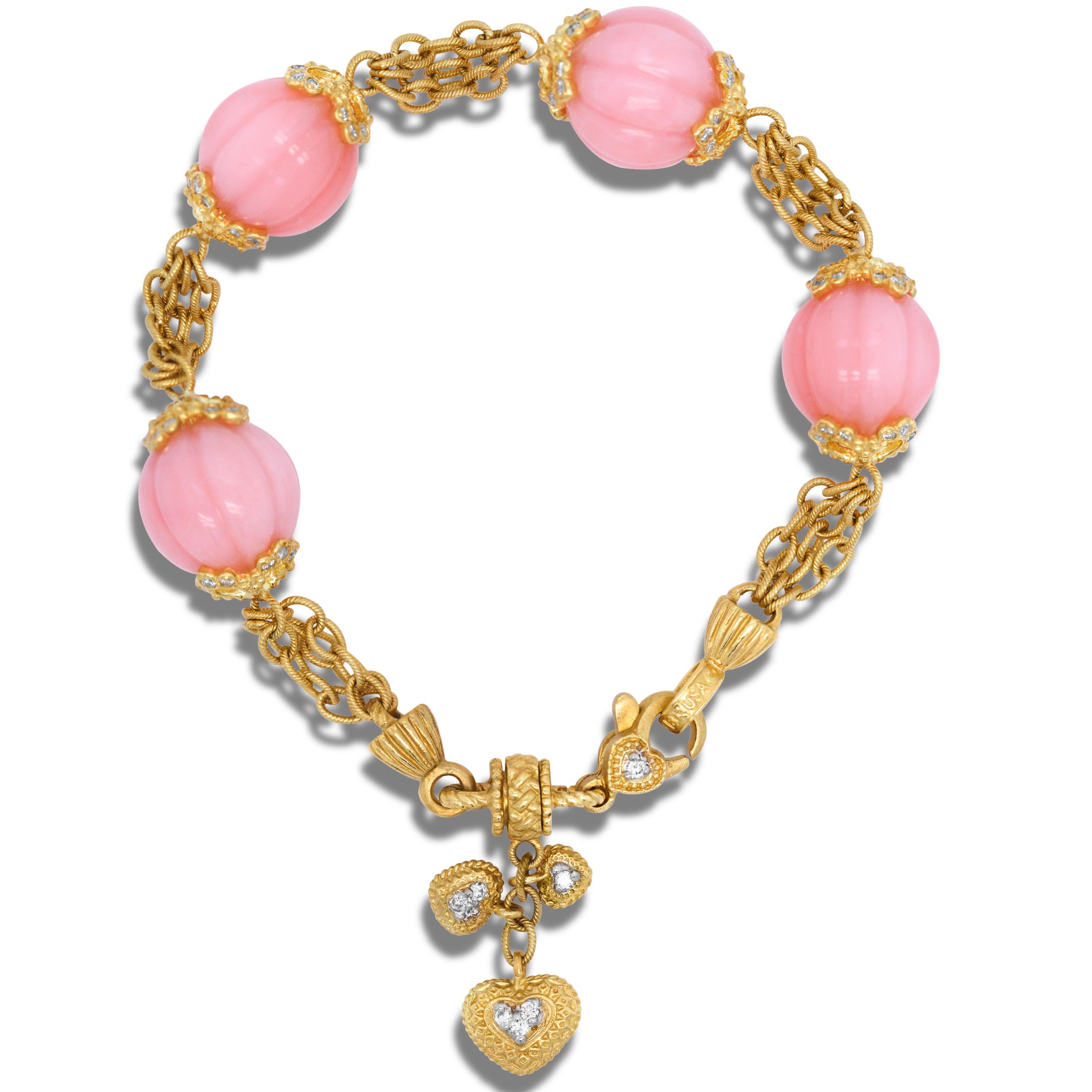 Round Cut Stambolian Pink Peruvian Opal 18K Yellow Gold Diamond Charm Bracelet with Hearts