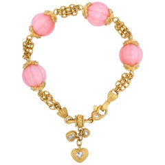 Stambolian Pink Peruvian Opal 18K Yellow Gold Diamond Charm Bracelet with Hearts