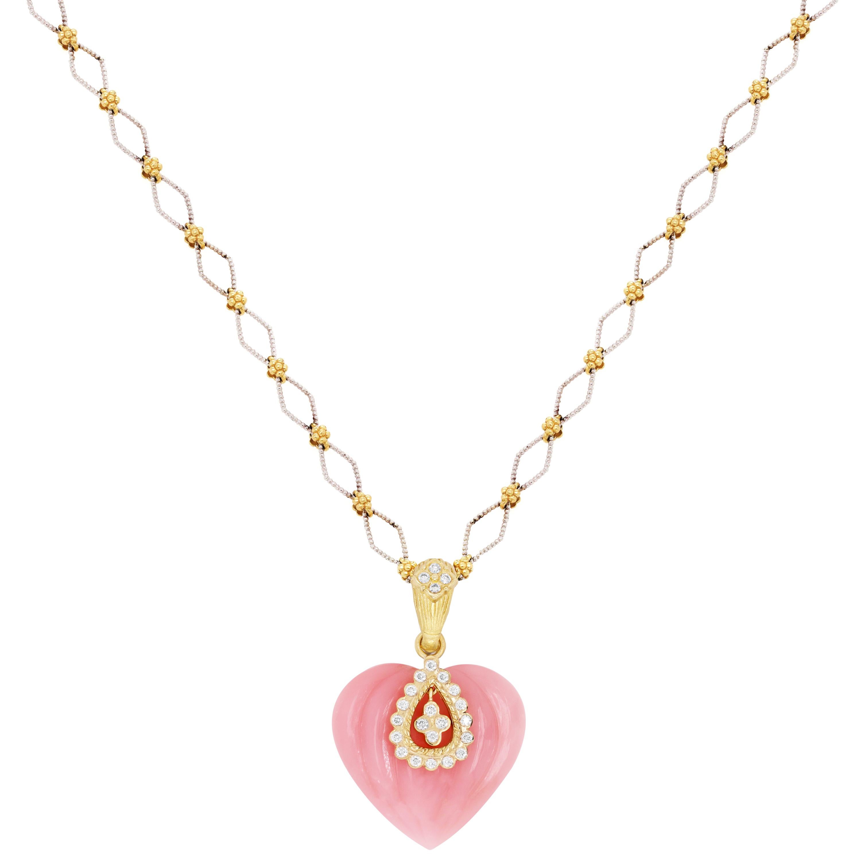 Stambolian Pink Peruvian Opal Gold and Diamond Heart Enhancer Pendant Necklace

Pink opal heart pendant is from the 