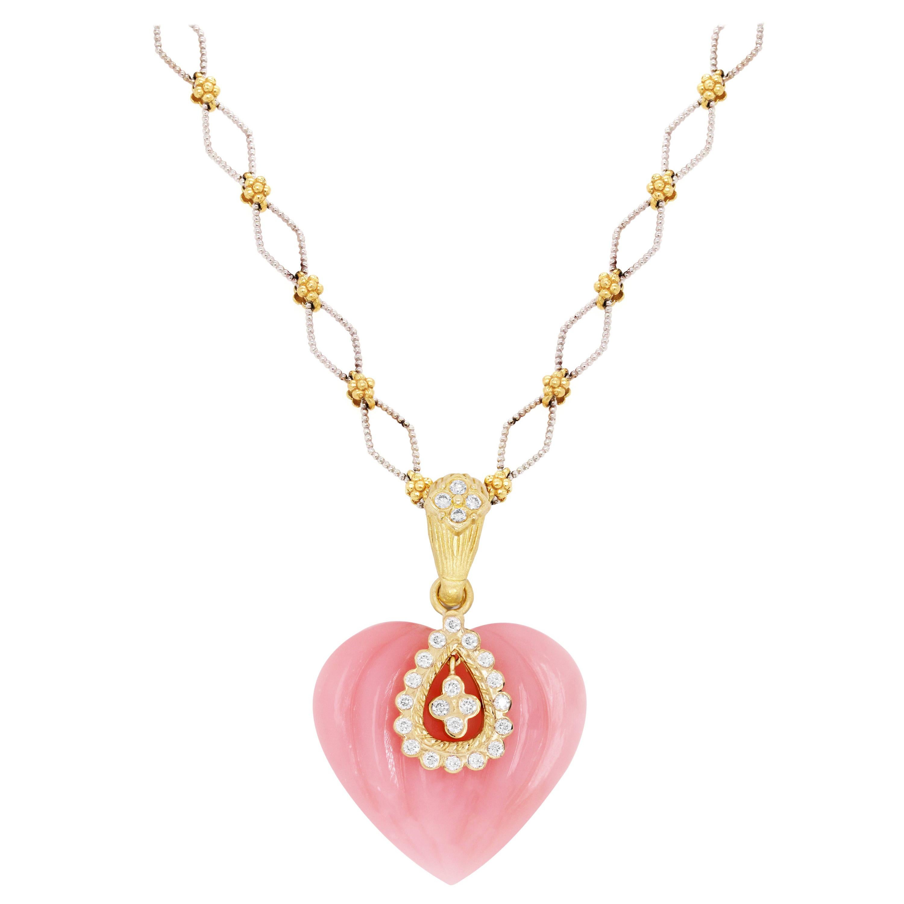 Stambolian Pink Peruvian Opal Gold and Diamond Heart Enhancer Pendant