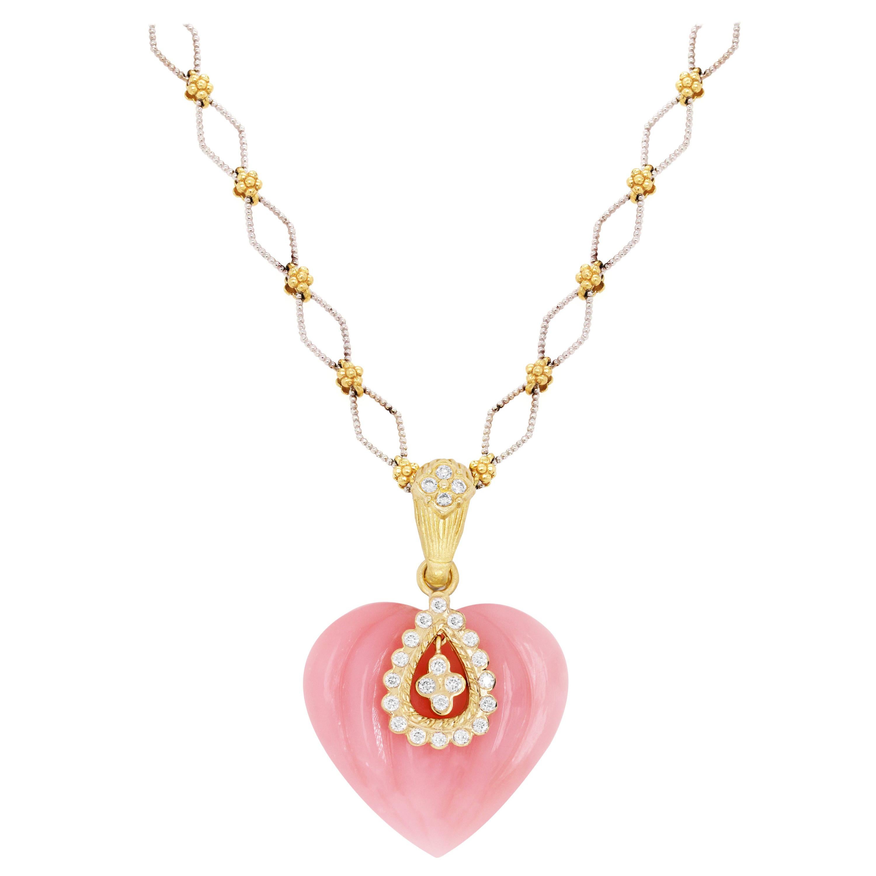 Stambolian Pink Peruvian Opal Gold and Diamond Heart Enhancer Pendant Necklace For Sale
