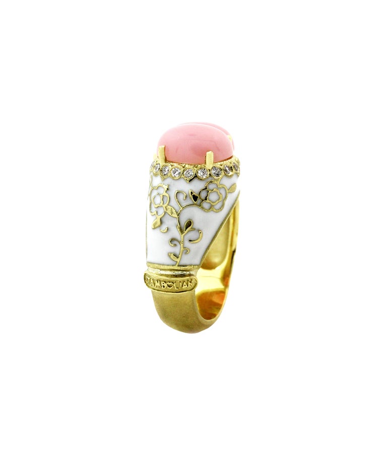 Stambolian Pink Peruvian Opal Yellow Gold and Diamond Ring with White ...