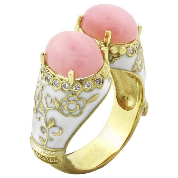 Stambolian Pink Peruvian Opal Yellow Gold and Diamond Ring with White ...