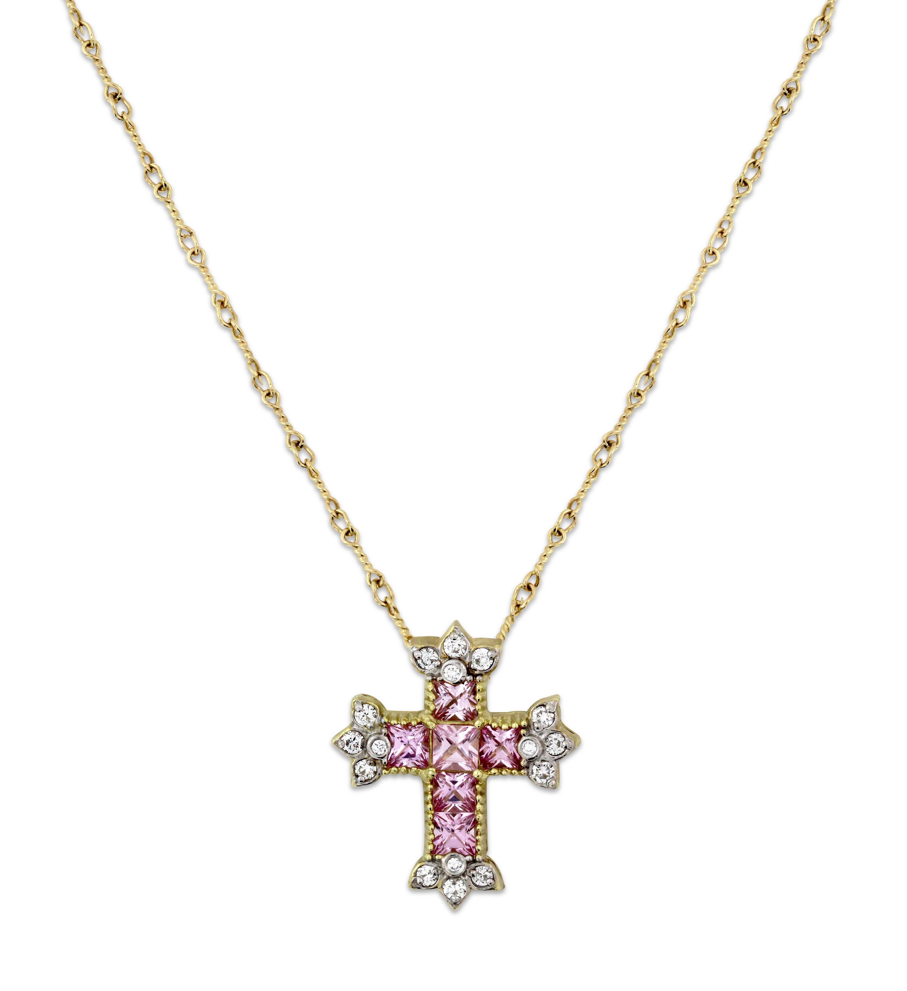 IF YOU ARE REALLY INTERESTED, CONTACT US WITH ANY REASONABLE OFFER. WE WILL TRY OUR BEST TO MAKE YOU HAPPY!

18K Yellow Gold and Diamond Cross Pendant with Pink Sapphires and Diamonds by Stambolian

Six Princess-cut Pink Sapphires and Diamonds make