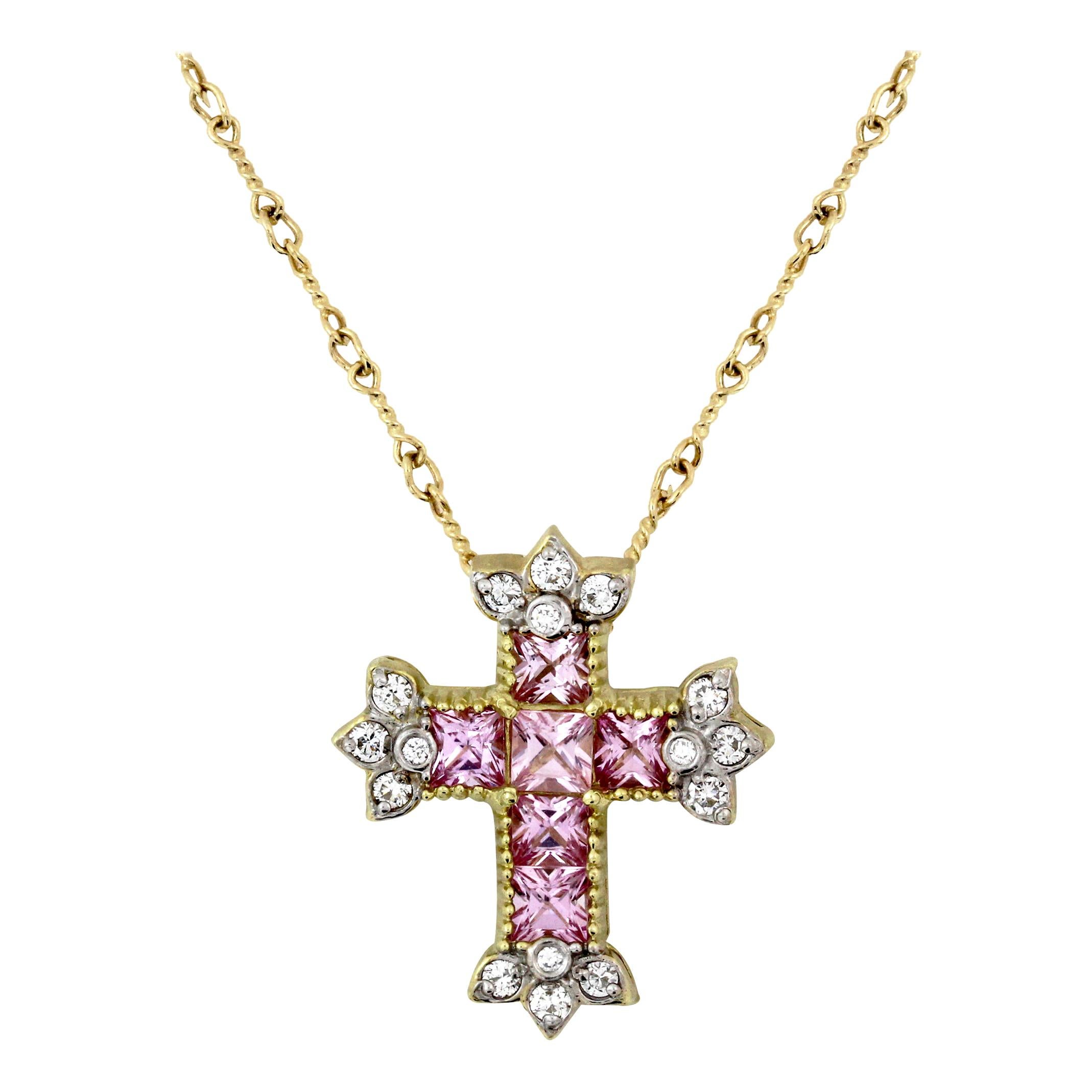 Stambolian Pink Sapphire Diamond Yellow Gold Cross Pendant with Chain Necklace
