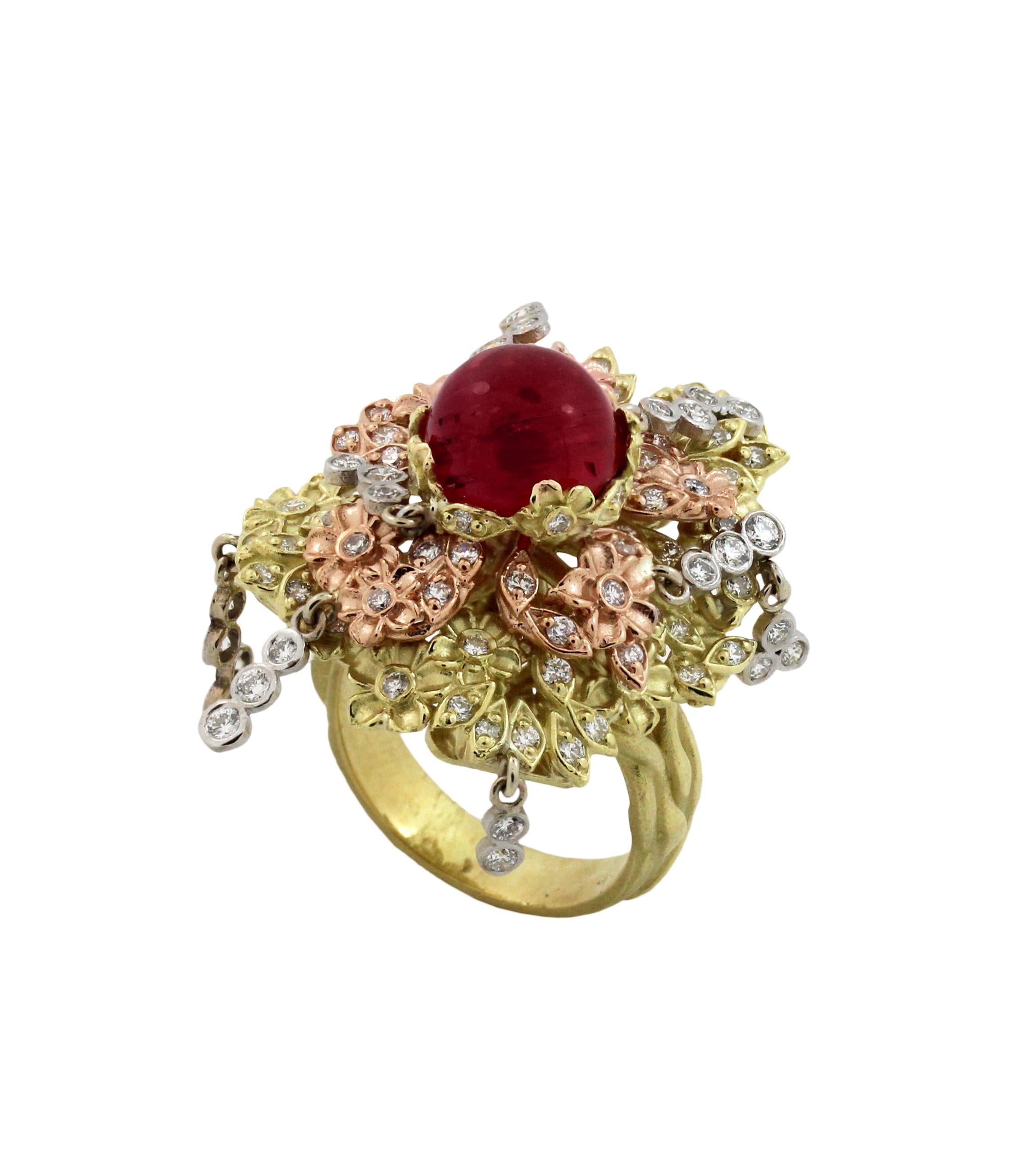 Stambolian Red Cat's Eye Tourmaline Tree of Life Pink White Yellow Gold Ring In New Condition In Boca Raton, FL