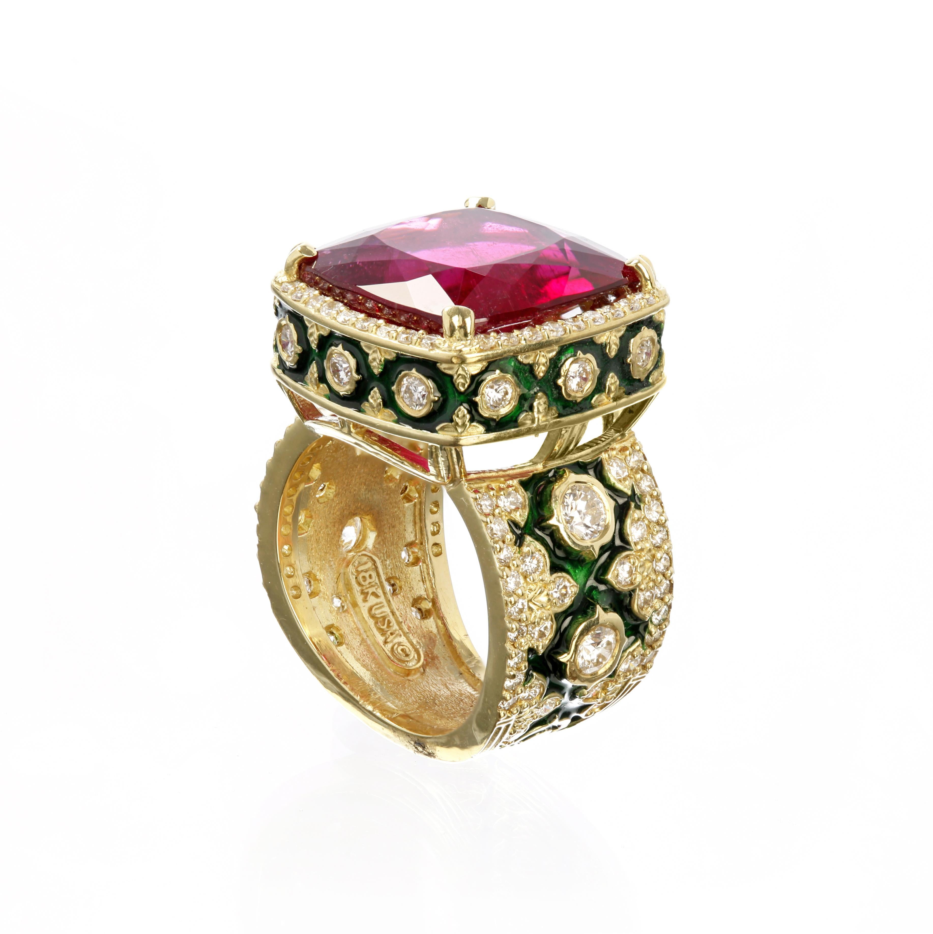 Stambolian Rubelite and Diamond Yellow Gold Ring with Green Enamel In New Condition In Boca Raton, FL