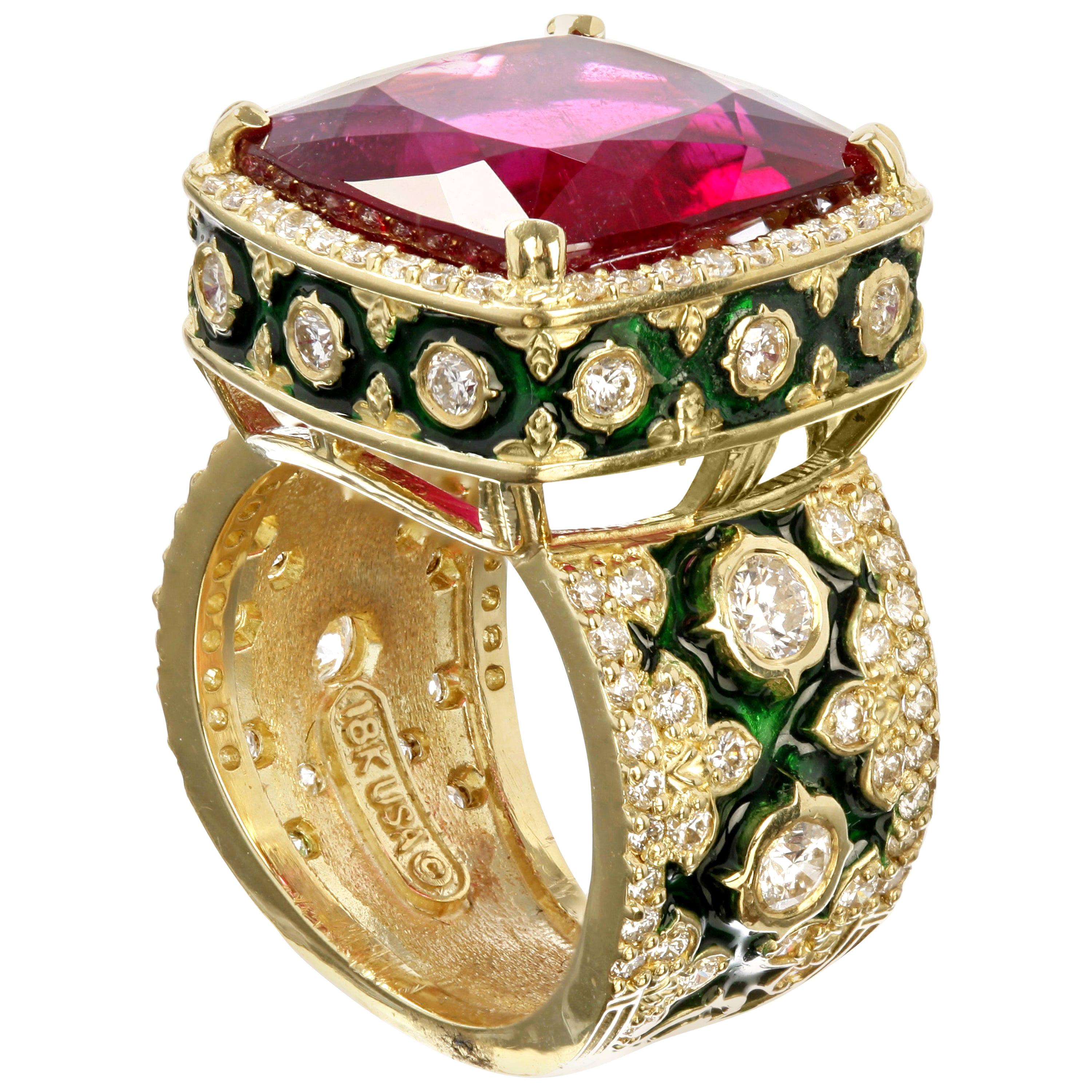 Stambolian Rubelite and Diamond Yellow Gold Ring with Green Enamel