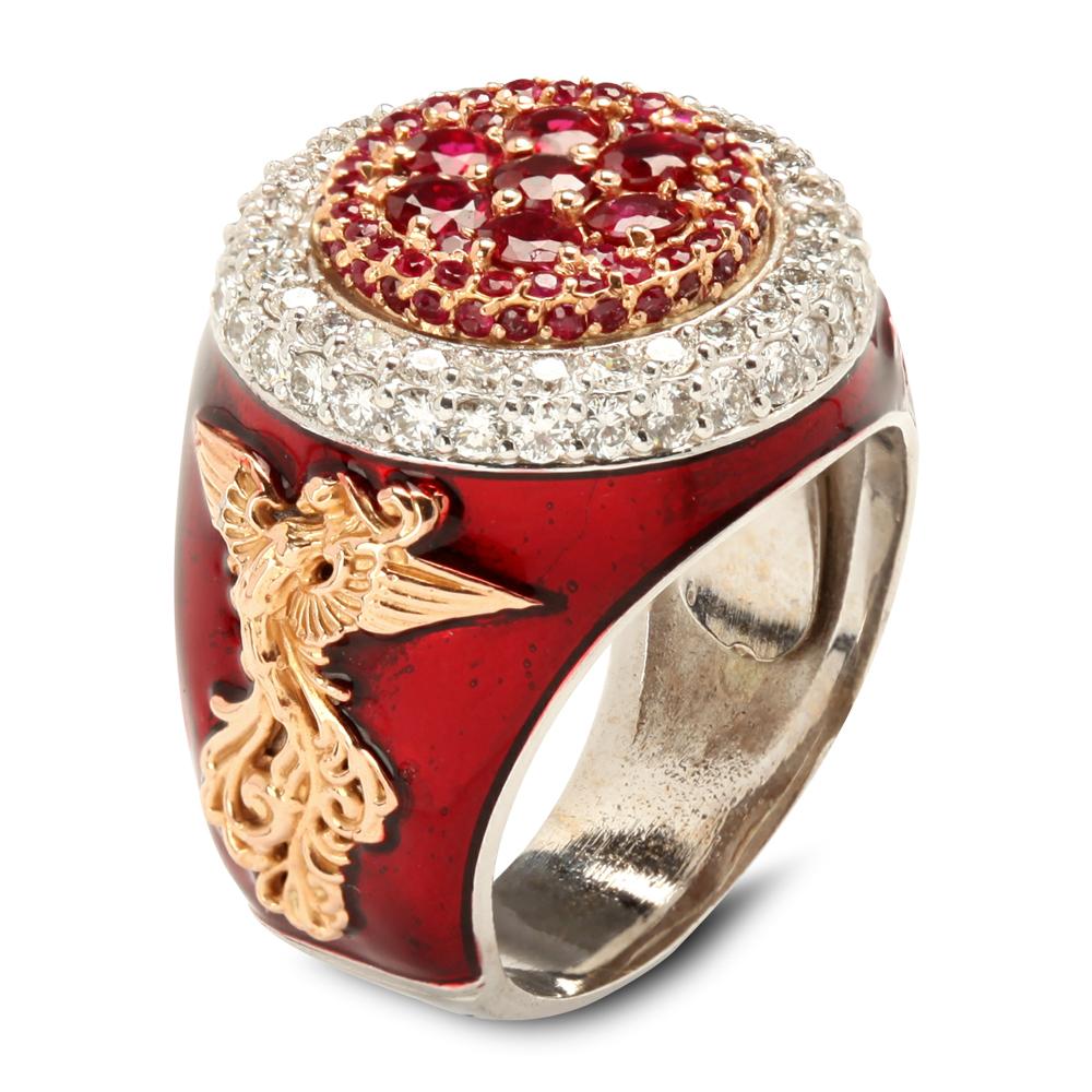 Stambolian Ruby and Diamond Men’s Ring with Red Enamel In New Condition In Boca Raton, FL