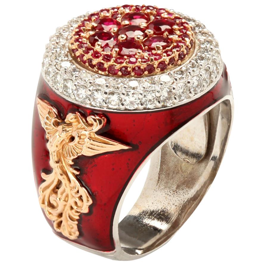 Stambolian Ruby and Diamond Men’s Ring with Red Enamel