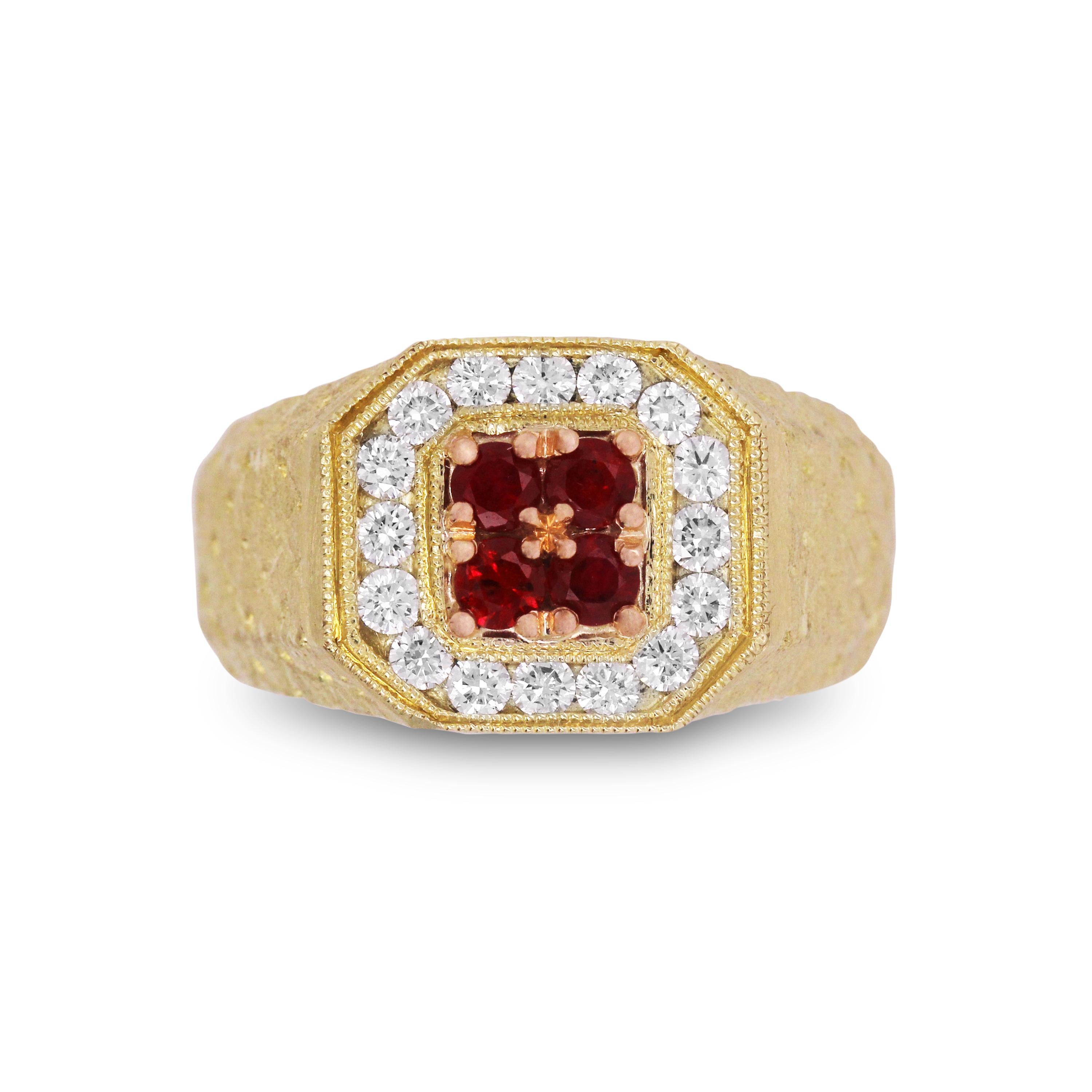 18K Yellow Gold Mens Ring with Diamonds and Rubies by Stambolian

This mens ring from Stambolian features textured, brushed gold finish on both sides and the center is rubies surrounded by diamonds

0.56 carat G color, VS clarity diamonds 

Four