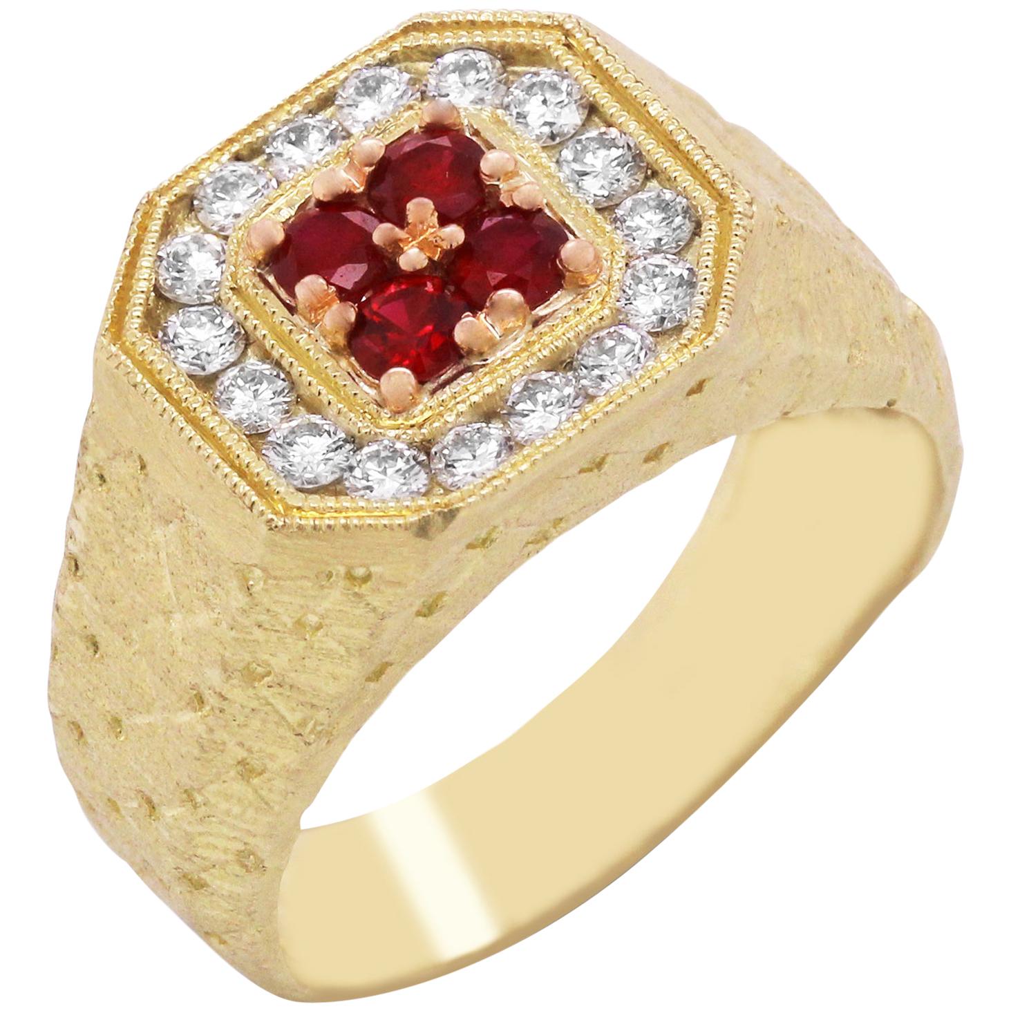 Stambolian Ruby and Diamond Yellow Gold Mens Ring