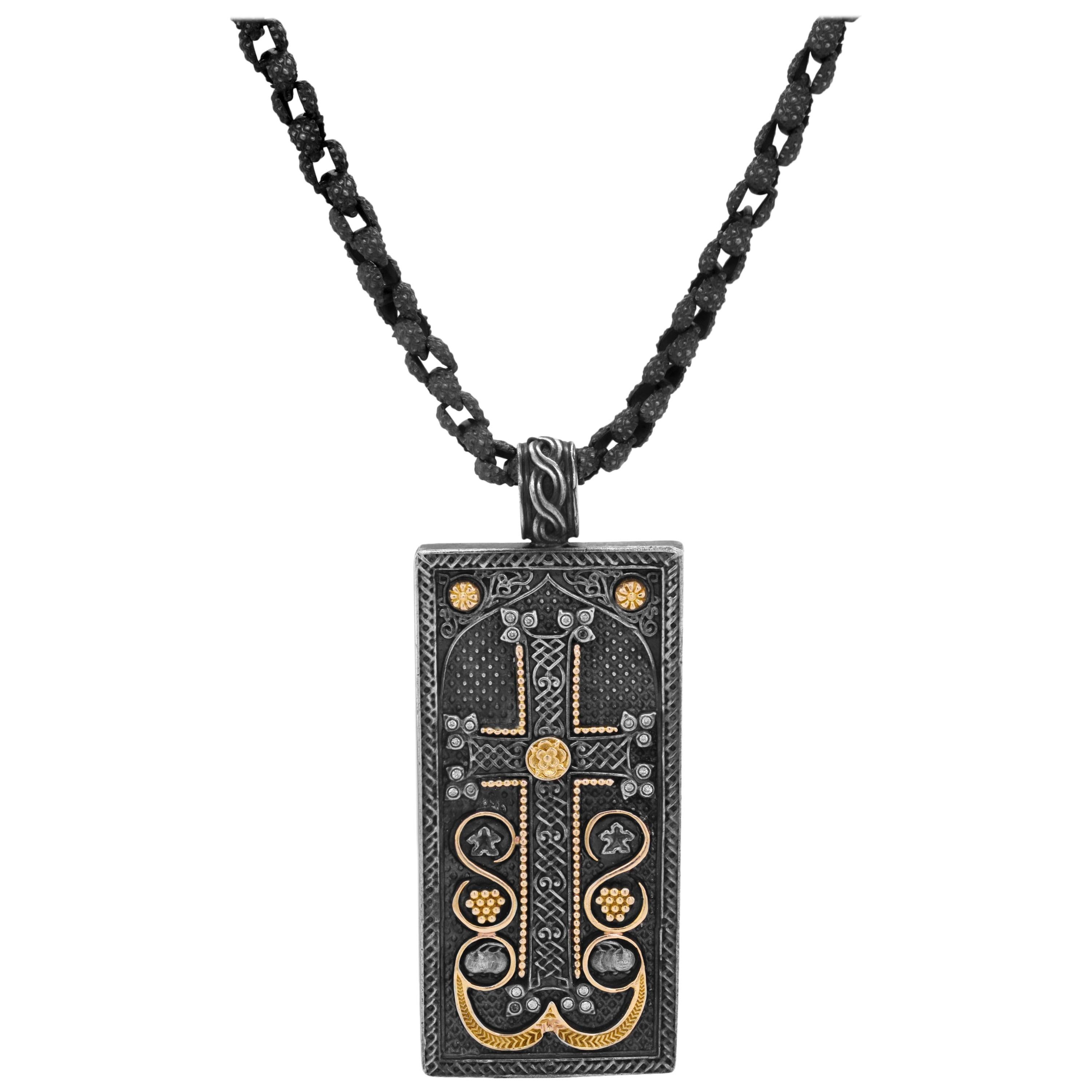 Stambolian Silver and 18 Karat Gold Diamond Armenian Cross Pendant Necklace For Sale