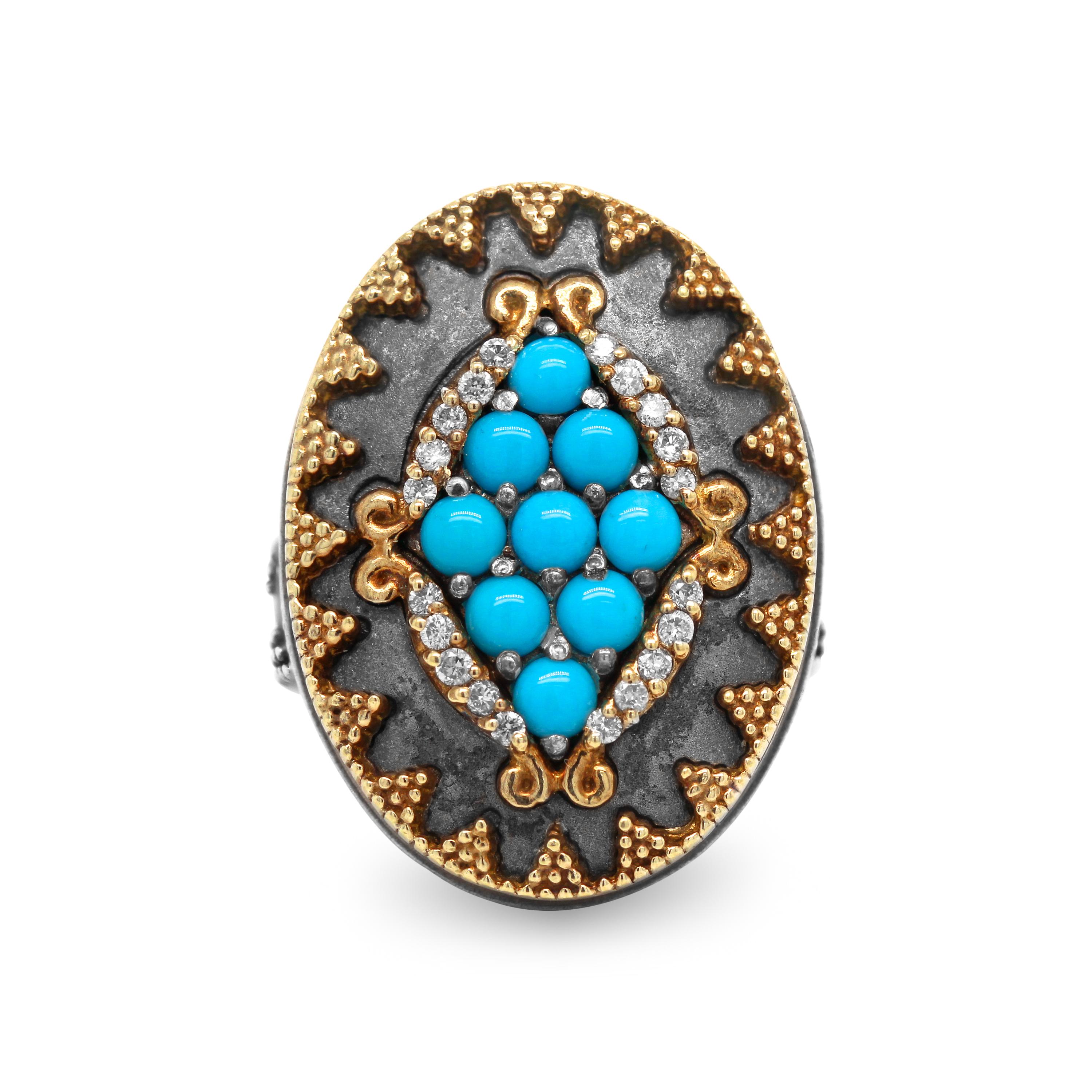 Stambolian Sleeping Beauty Turquoise Diamond Silver 18K Gold Oval Face Ring

This art piece by Stambolian features unique textured design work all throughout. The Aged Silver paired with the 18 Karat gold provides a stunning contrast that goes