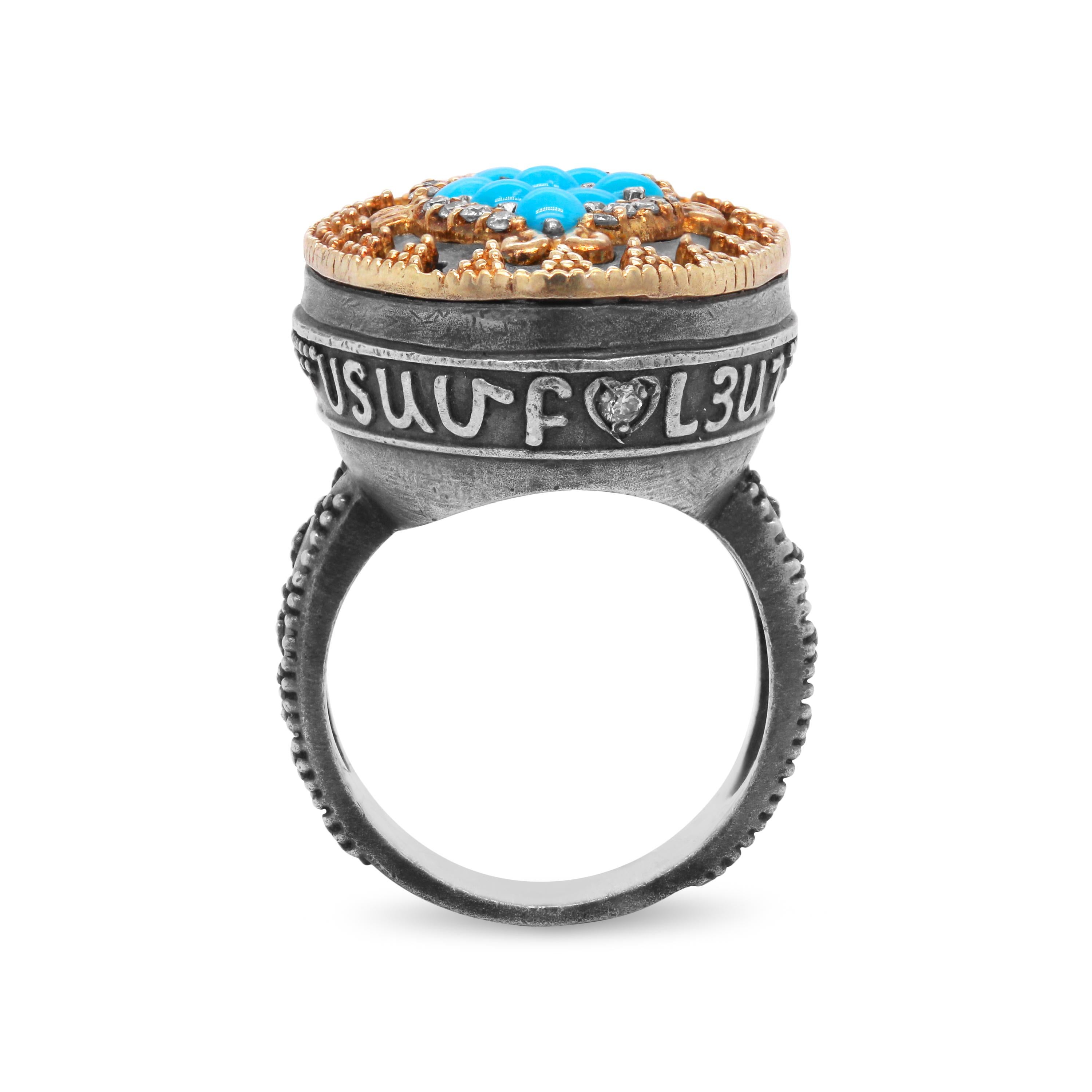 Round Cut Stambolian Sleeping Beauty Turquoise Diamond Silver 18K Gold Oval Face Ring