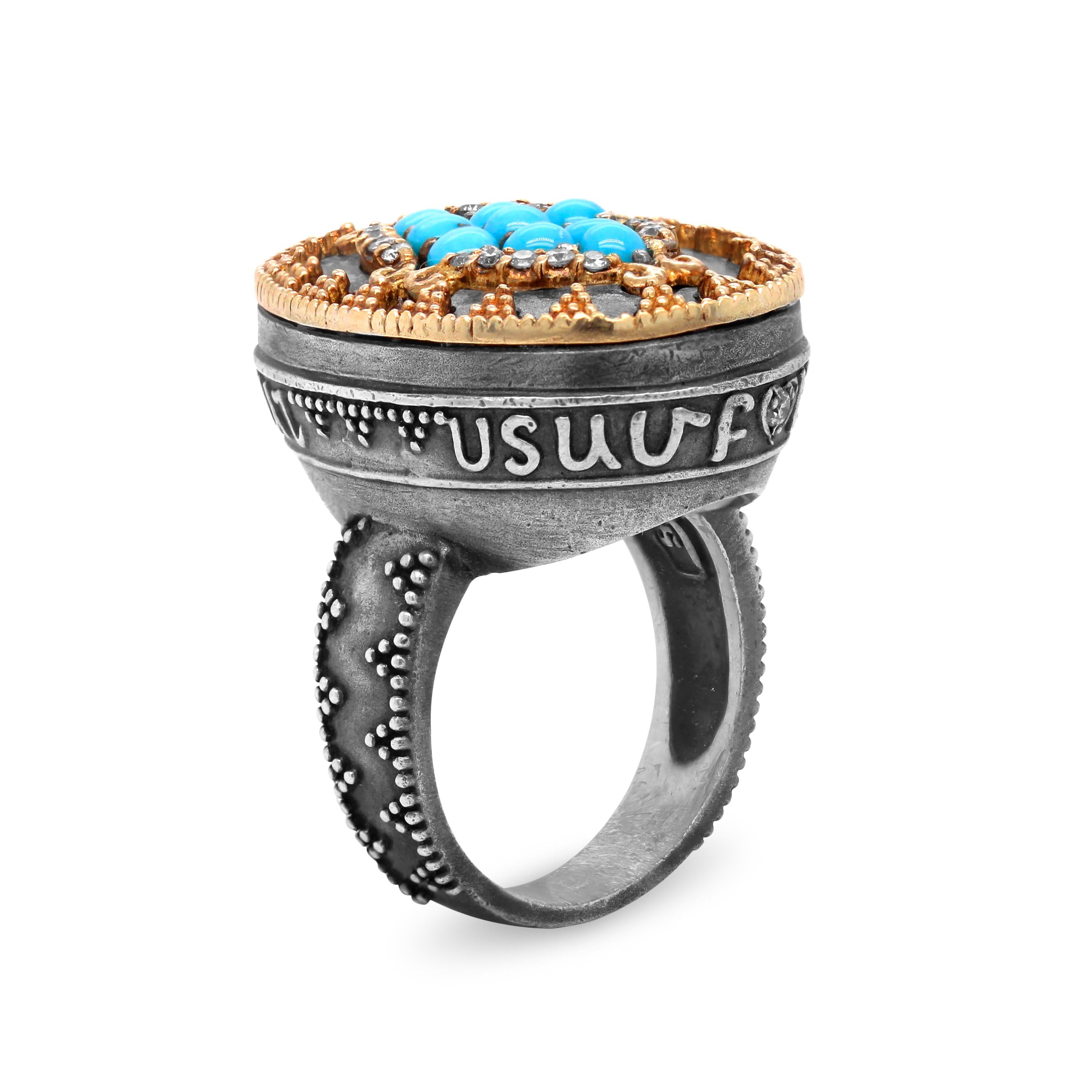 Stambolian Sleeping Beauty Turquoise Diamond Silver 18K Gold Oval Face Ring In New Condition In Boca Raton, FL