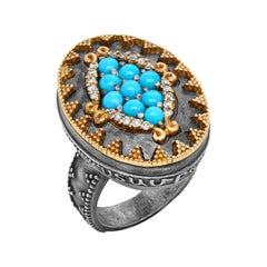 Stambolian Sleeping Beauty Turquoise Diamond Silver 18K Gold Oval Face Ring