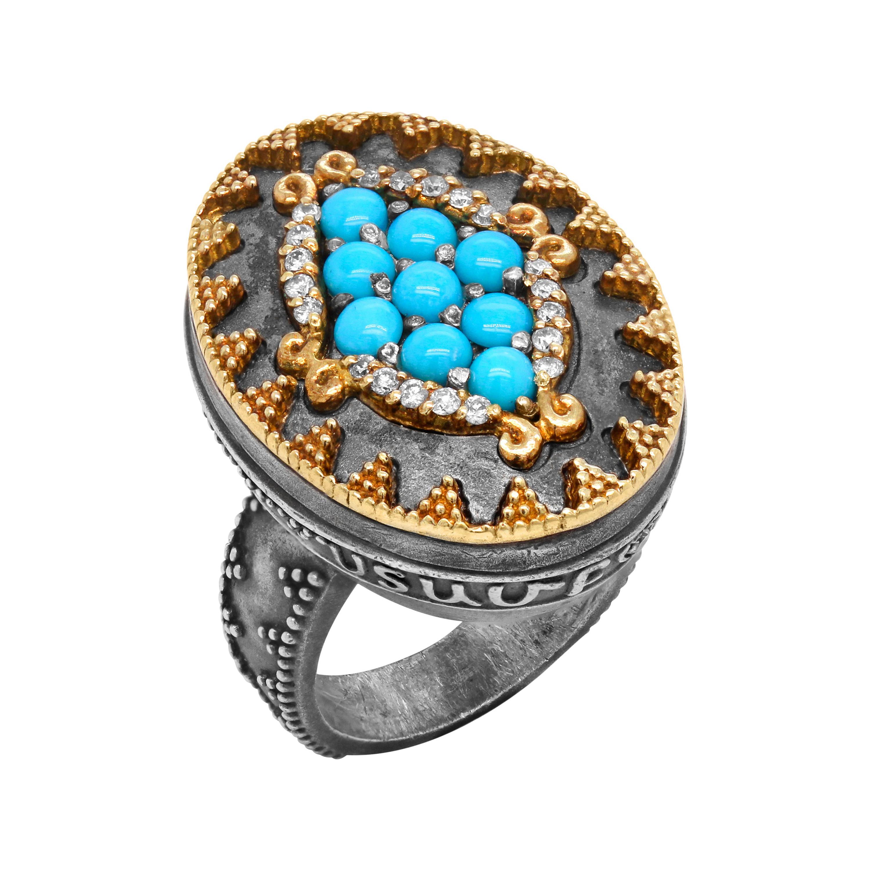 Stambolian Sleeping Beauty Turquoise Diamond Silver 18K Gold Oval Face Ring