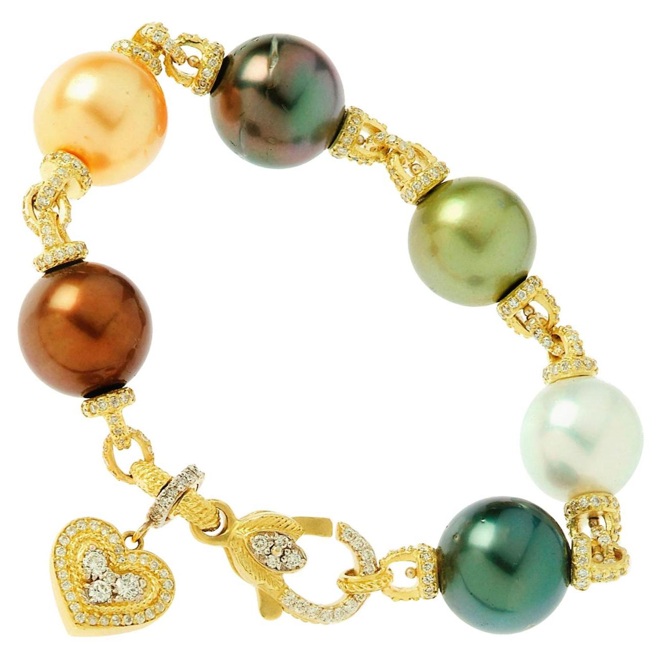 Stambolian South Sea Pearl Multi-Color Dangling Diamond Heart Gold Link Bracelet For Sale
