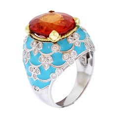 Stambolian Spessartite Garnet Baby Blue Enamel White Gold and Diamond Ring