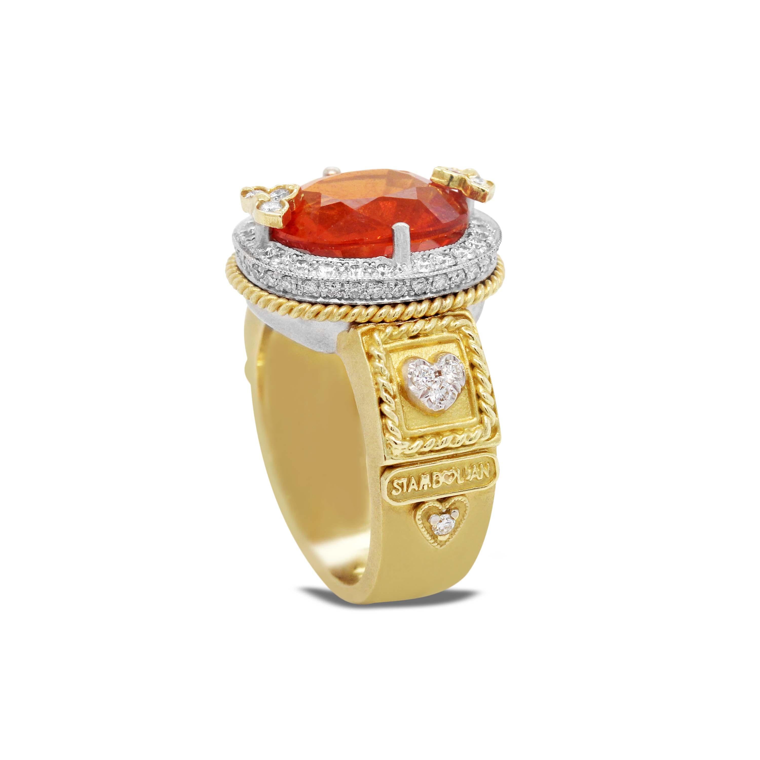 Oval Cut Stambolian Spessartite Garnet Gold and Diamond Cocktail Ring