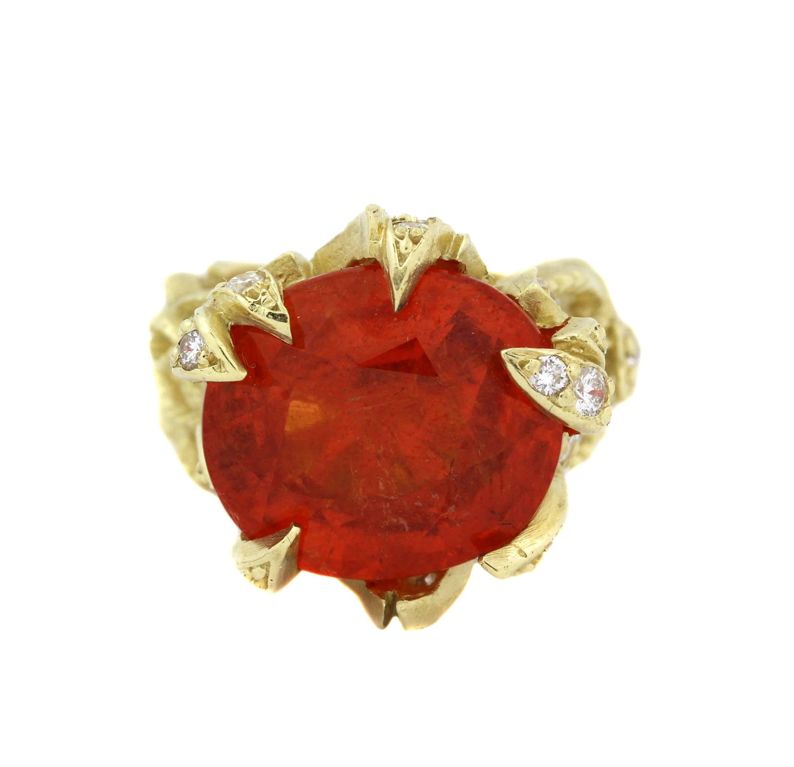 18K Yellow Gold Ring with Spessartite Garnet Center and Diamonds

This Mandarin orange spessartite Garnet has such vibrant and gorgeous color. Truly beautiful conversation piece. Weighing 17.22ct. 

1.26ct. G Color, VS Clarity Diamonds are set
