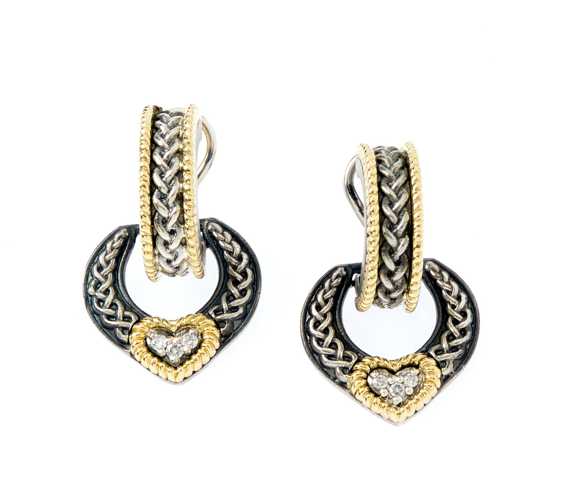 Round Cut Stambolian Sterling Silver 18 Karat Gold Diamond Heart Dangle Earrings