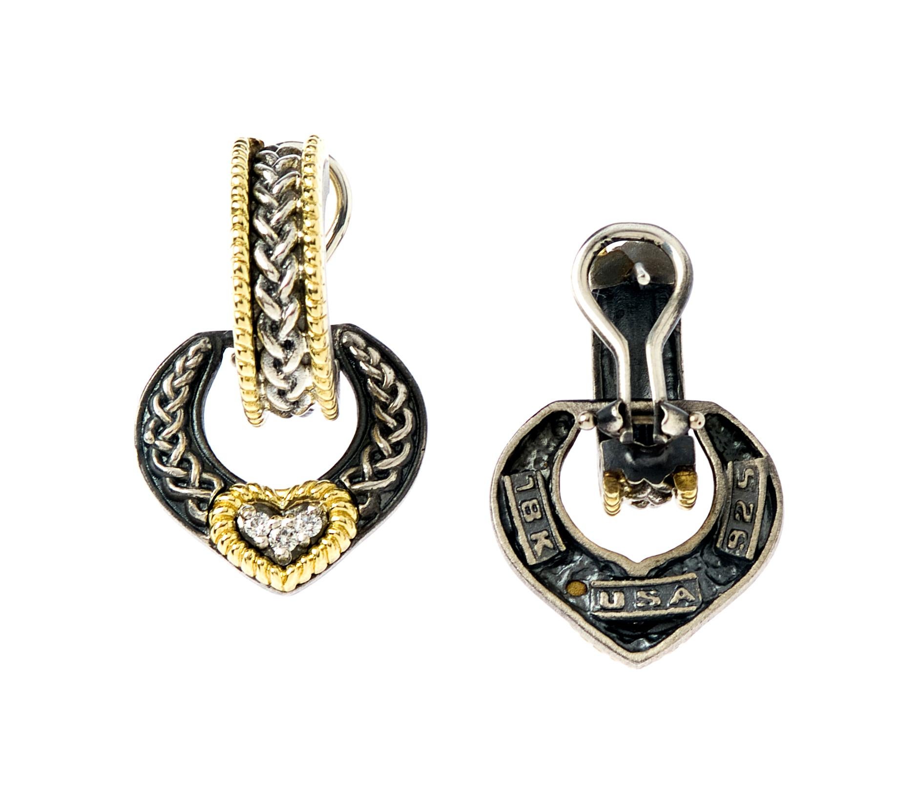 Stambolian Sterling Silver 18 Karat Gold Diamond Heart Dangle Earrings In New Condition In Boca Raton, FL