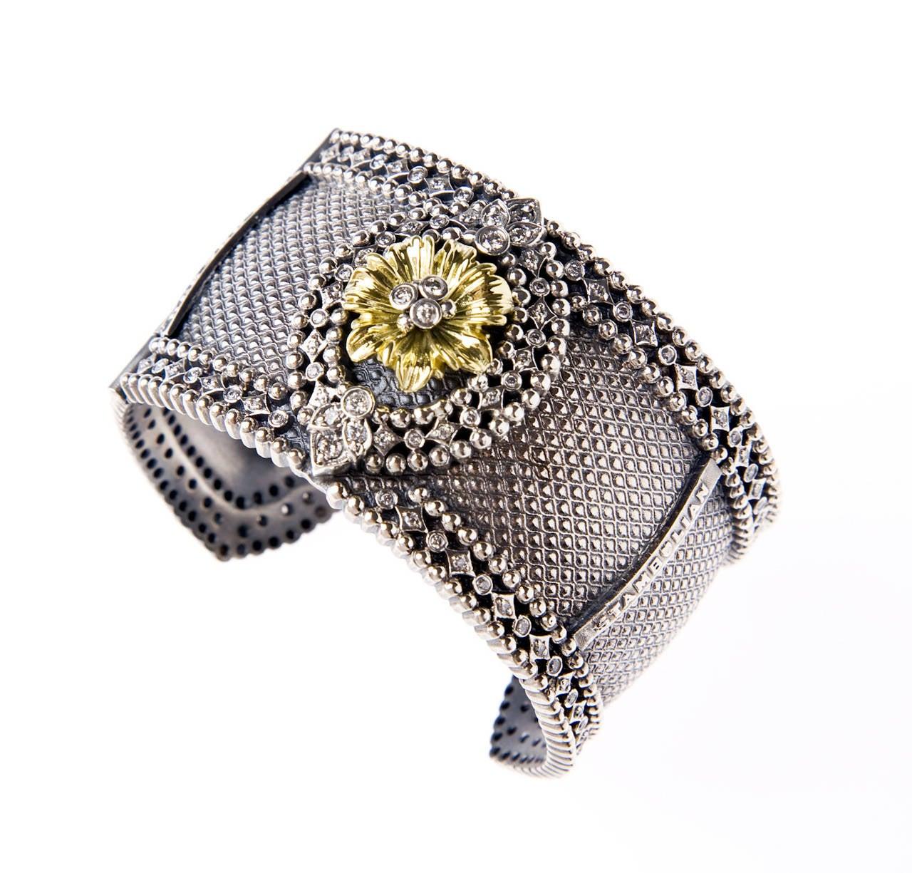 Round Cut Stambolian Sterling Silver 18k Gold Diamond Floral Flower Center Bangle Bracelet For Sale