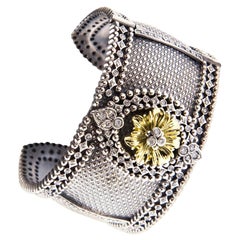Stambolian Sterling Silver 18k Gold Diamond Floral Flower Center Bangle Bracelet