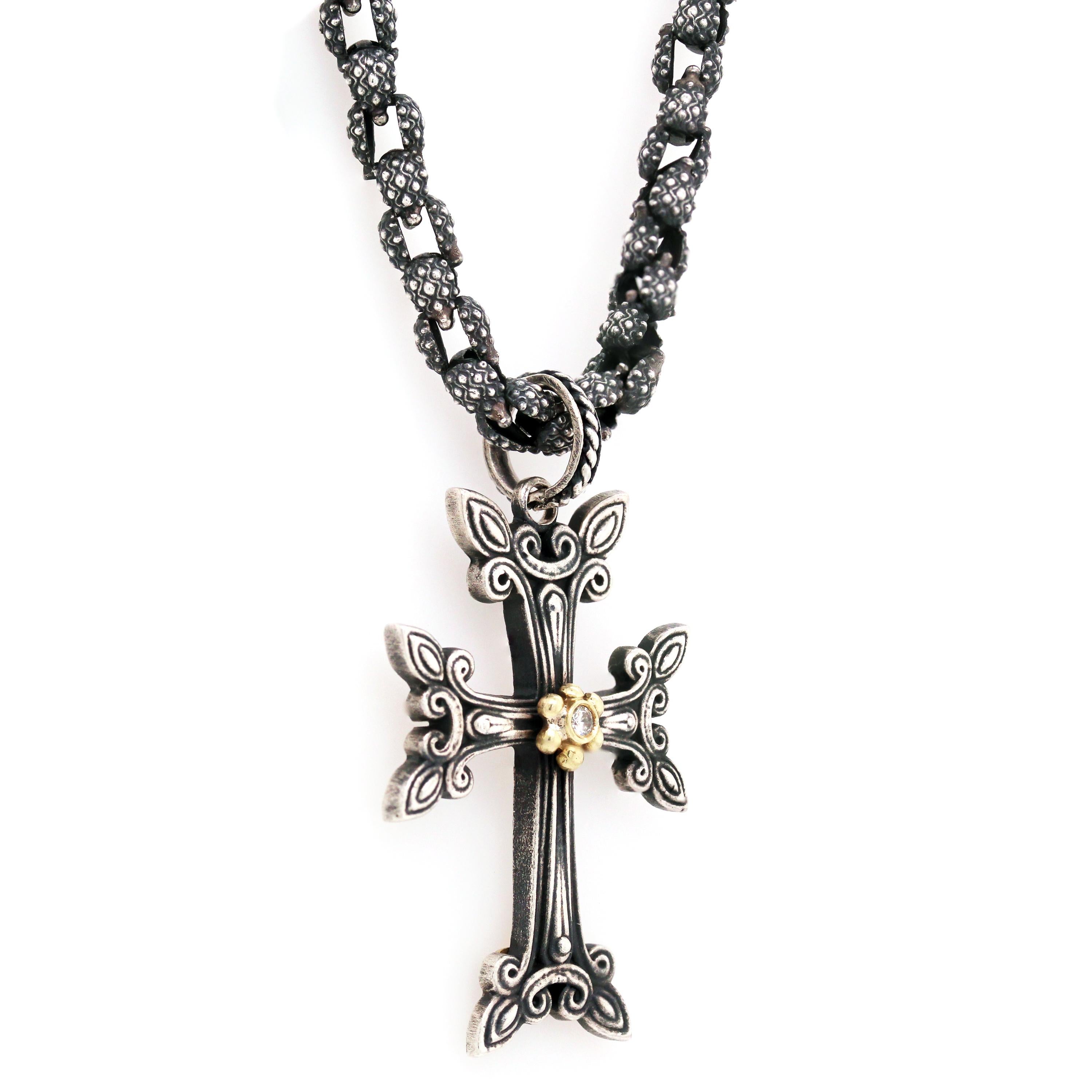 Stambolian Sterling Silver and Gold Diamond Cross Pendant with Handmade Chain In New Condition In Boca Raton, FL