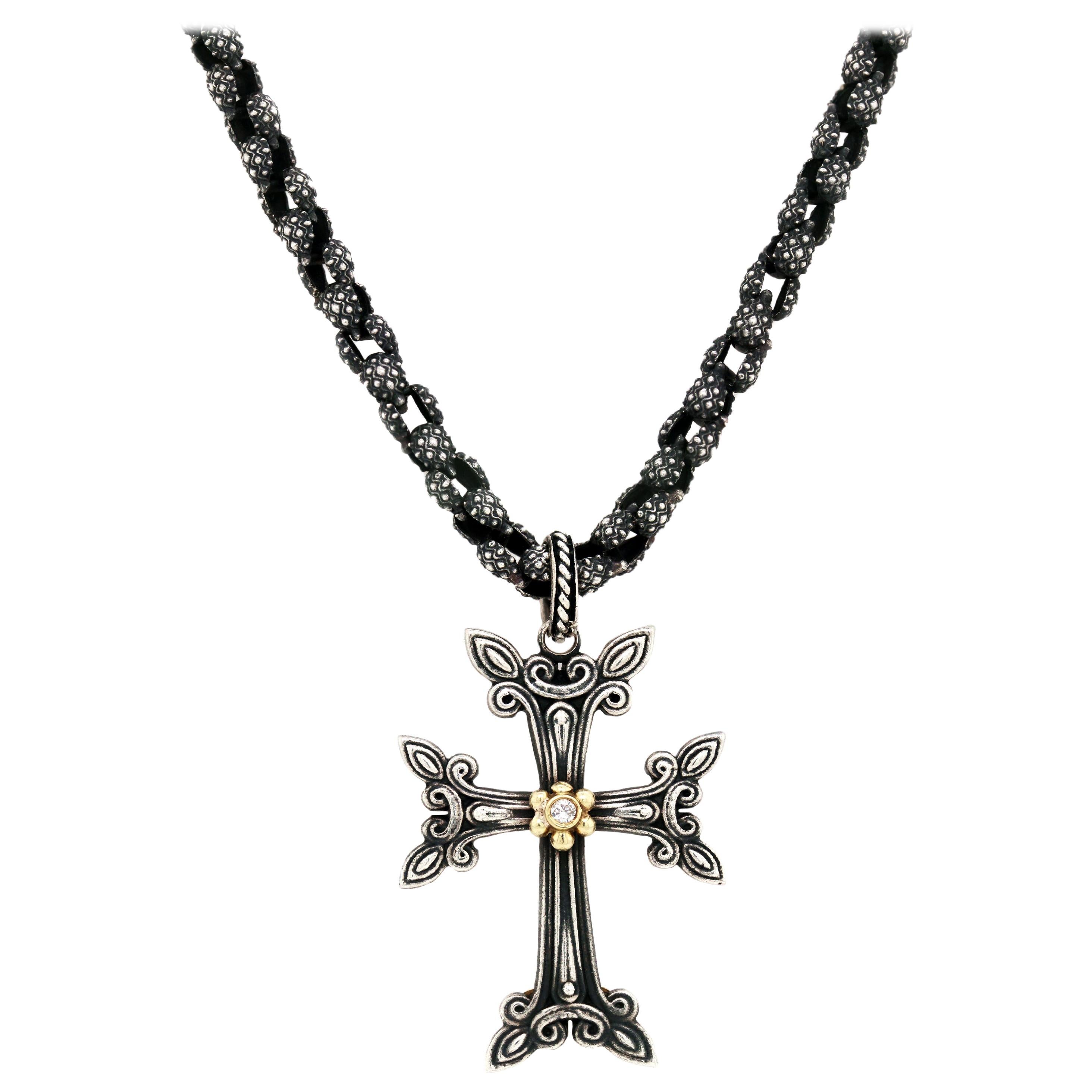 Stambolian Sterling Silver and Gold Diamond Cross Pendant with Handmade Chain