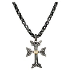 Stambolian Sterling Silver and Gold Diamond Cross Pendant with Handmade Chain