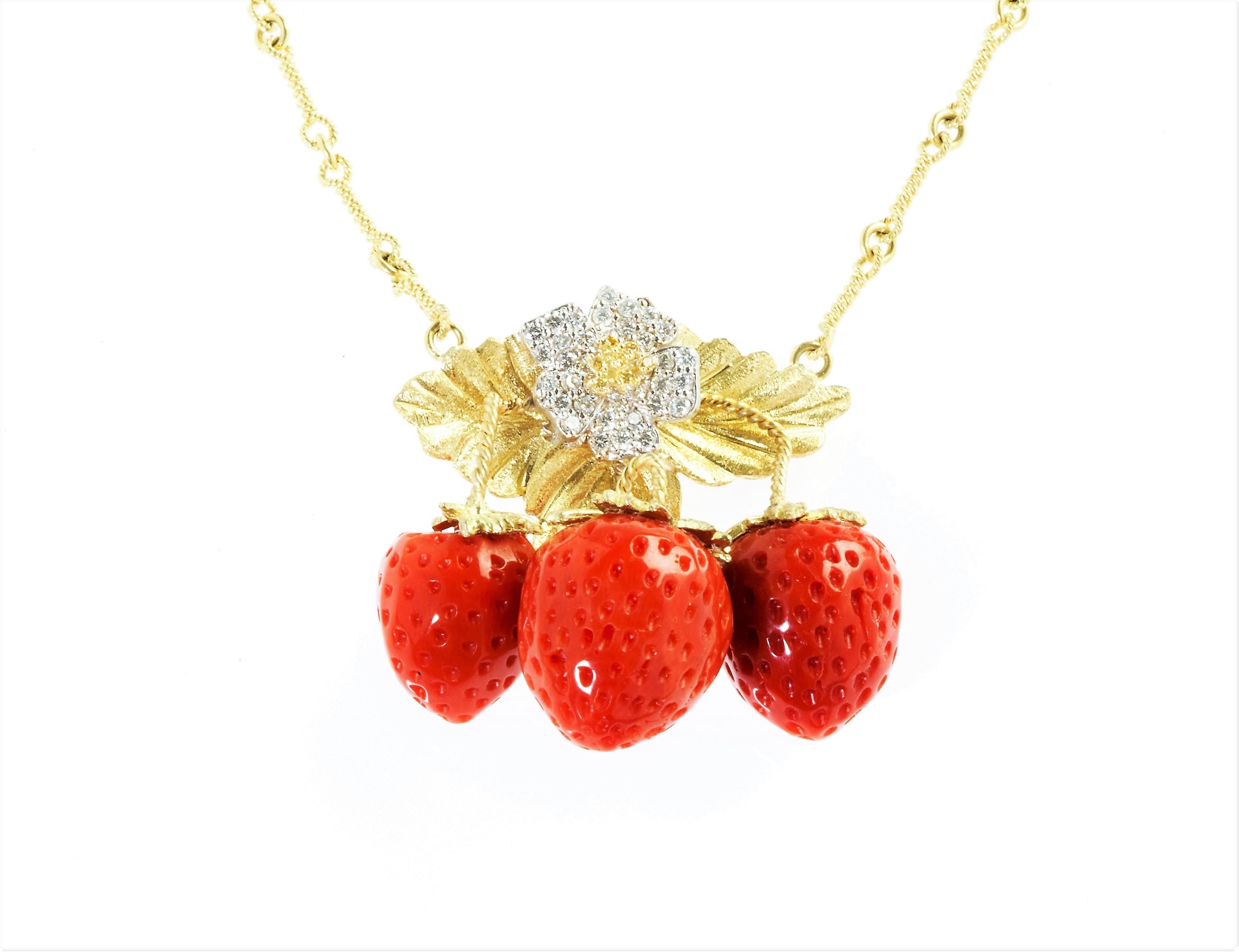 Stambolian Strawberry Coral Diamond Gold Necklace In New Condition In Boca Raton, FL