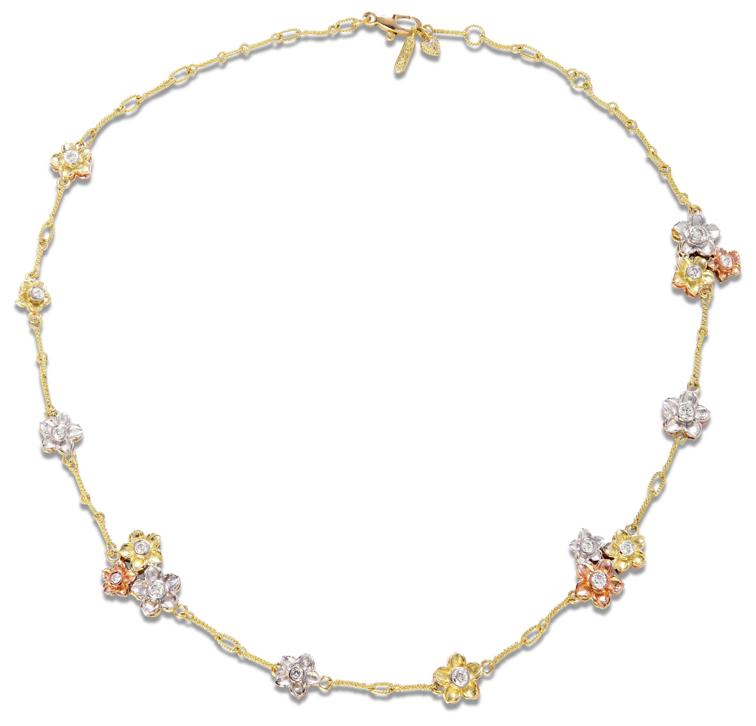 18K Tri-Color Yellow White Rose Gold and Diamond Floral Chain Necklace by Stambolian

This truly remarkable necklace features diamonds set on both sides of necklace. The gold colors also change on the reverse side which makes this necklace very