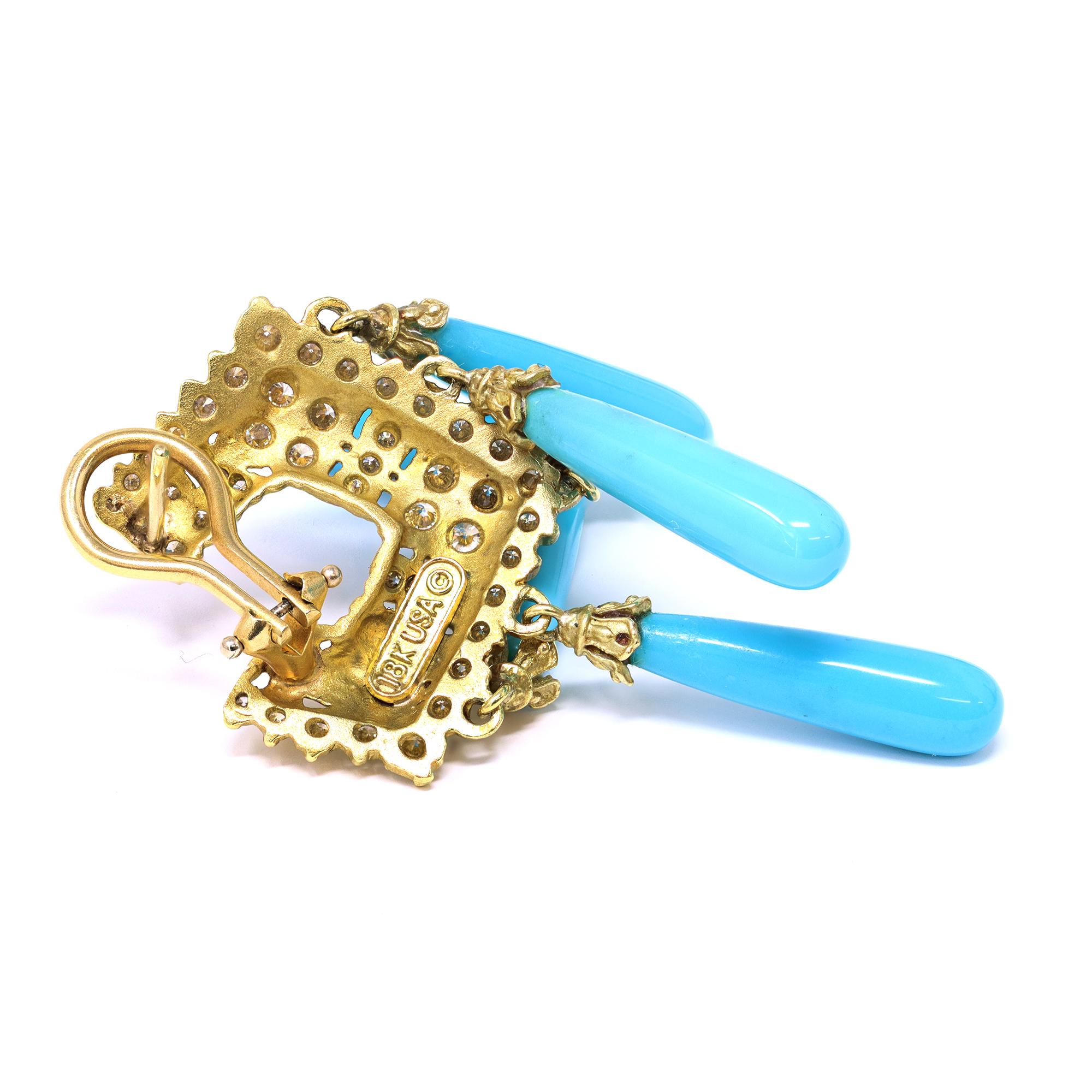 Taille mixte Stambolian, boucles d'oreilles lustre en or jaune 18 carats avec turquoises et diamants en vente