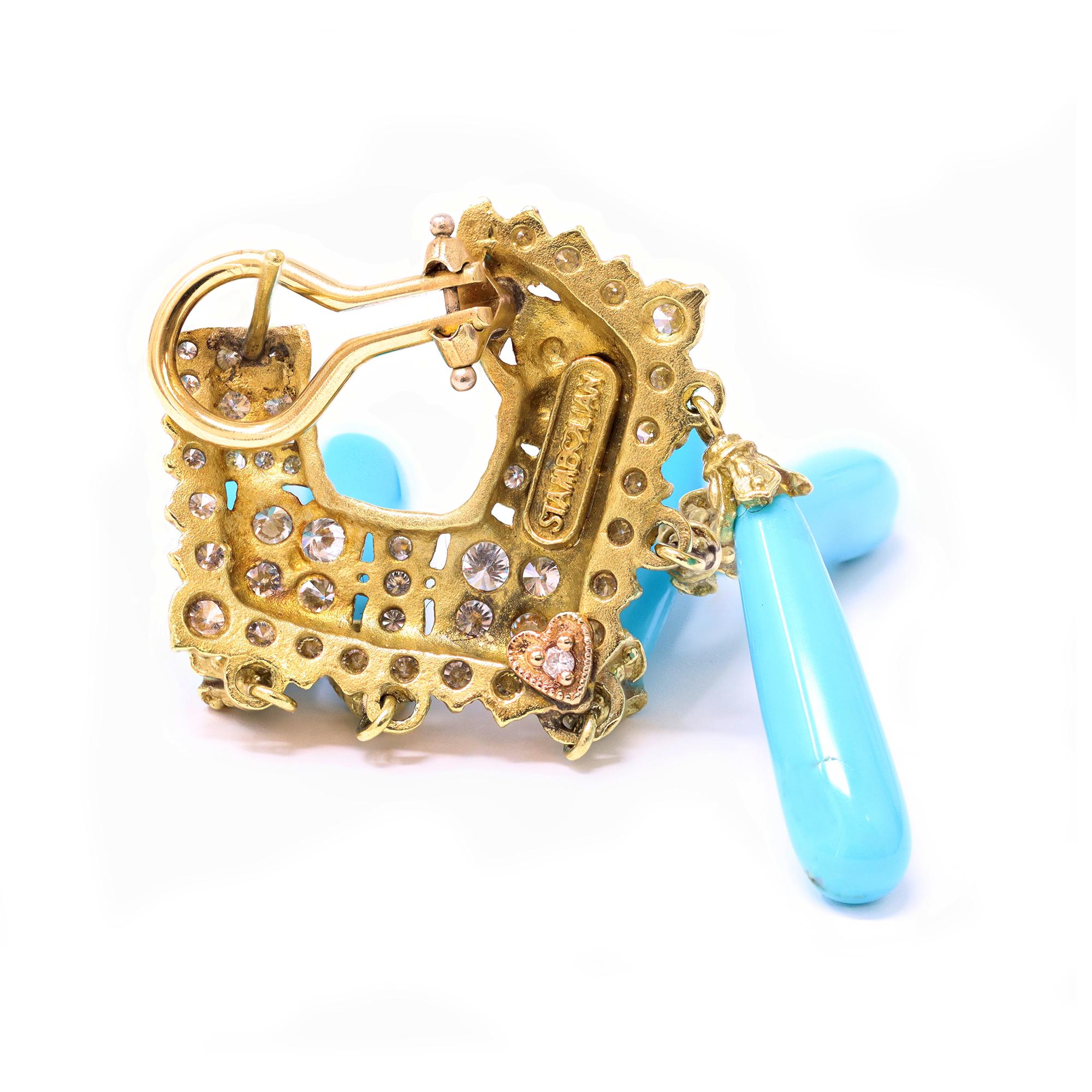 Moderne Stambolian, boucles d'oreilles lustre en or jaune 18 carats avec turquoises et diamants en vente