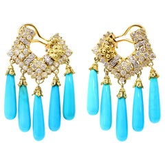 Vintage Stambolian Turquoise and Diamond Chandelier Earrings in 18 Karat Yellow Gold
