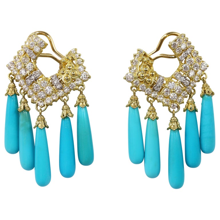 Stambolian Turquoise And Diamond Chandelier Earrings In 18 Karat Yellow Gold For At 1stdibs Clips Diamond Chandelier Earrings, Teal Gold Chandelier Earrings