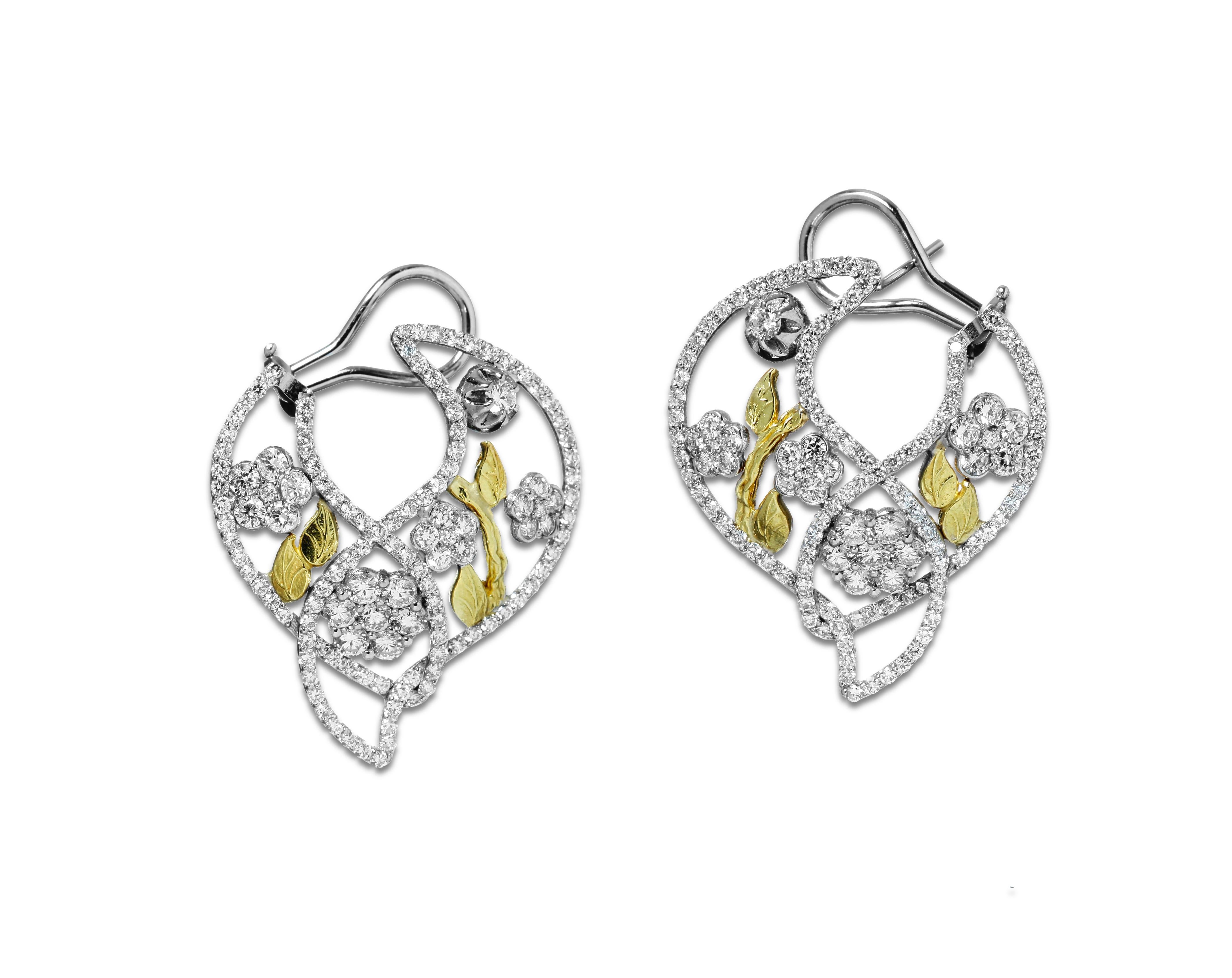 Round Cut Stambolian 18K Two-Tone Gold and Diamond Floral Motif Cluster Earrings