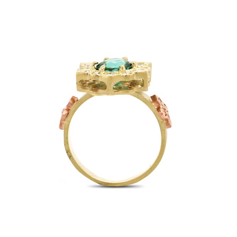 Round Cut Stambolian Two-Tone Gold and Diamond Ring with Mint Green Tourmaline Center For Sale