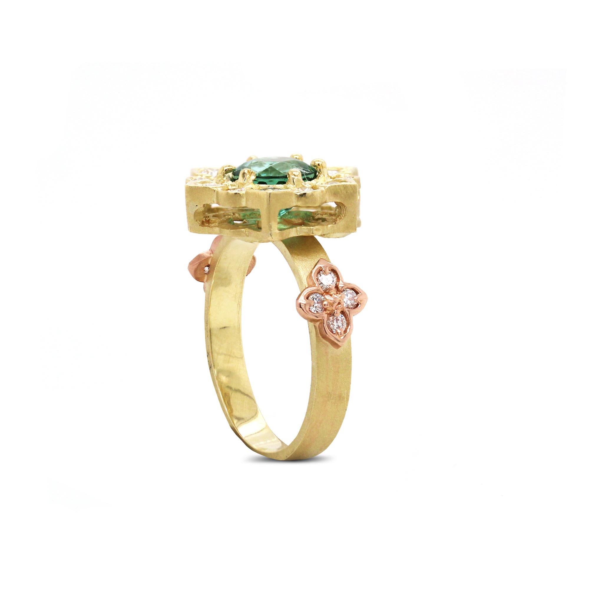 Round Cut Stambolian Two-Tone Gold and Diamond Ring with Mint Green Tourmaline Center