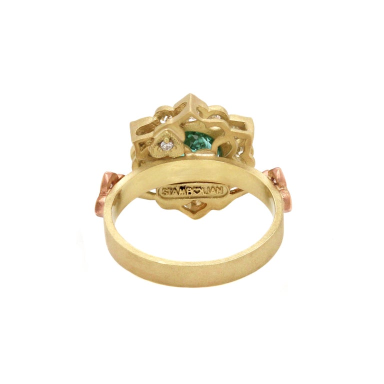 Women's Stambolian Two-Tone Gold and Diamond Ring with Mint Green Tourmaline Center For Sale