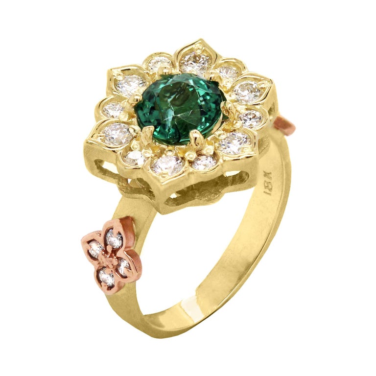 Stambolian Two-Tone Gold and Diamond Ring with Mint Green Tourmaline Center For Sale