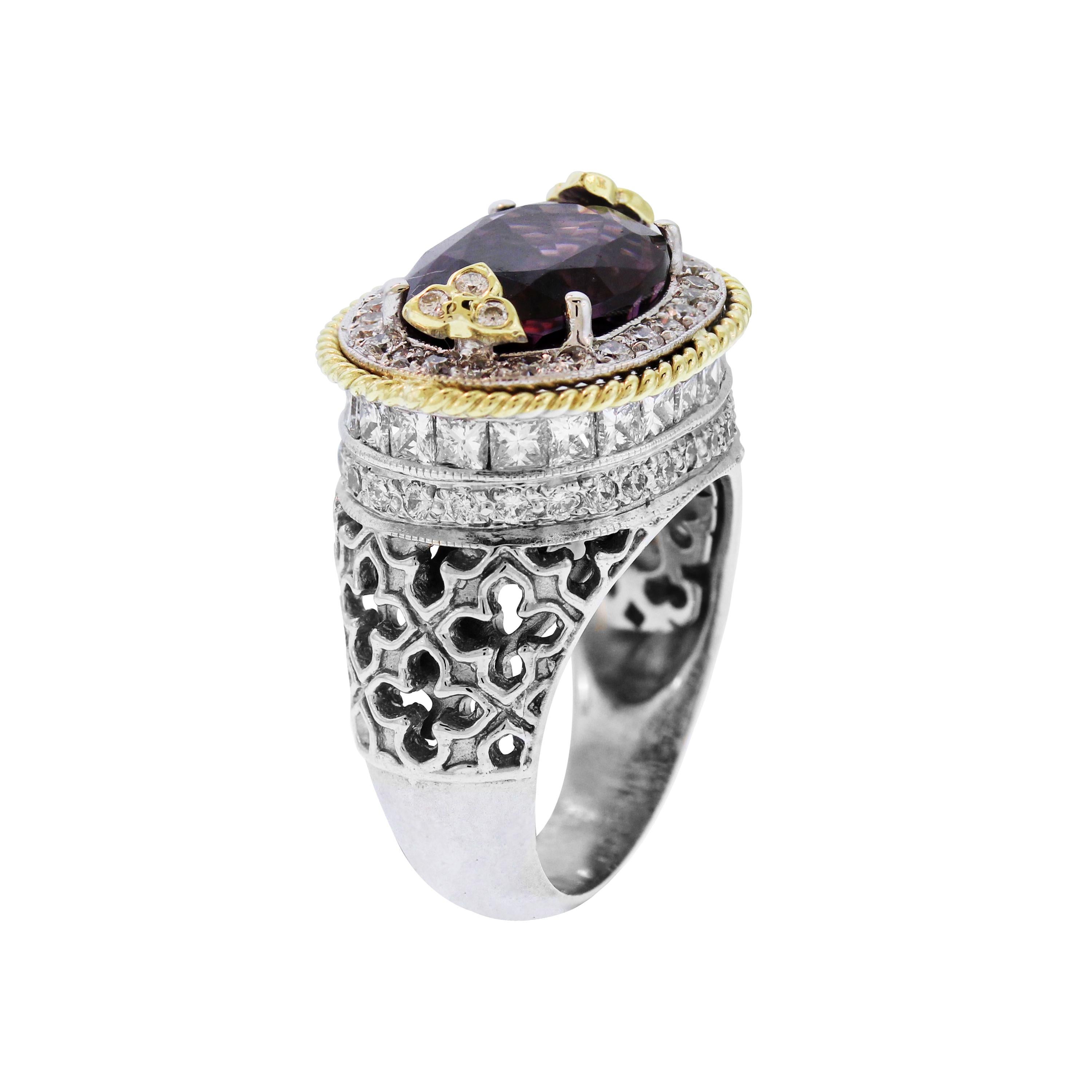 IF YOU ARE REALLY INTERESTED, CONTACT US WITH ANY REASONABLE OFFER. WE WILL TRY OUR BEST TO MAKE YOU HAPPY!

18K Yellow and White Gold Ring with Princess and Round cut diamonds and Purple Spinel center

Oval, 6.91 carat Purple Spinel