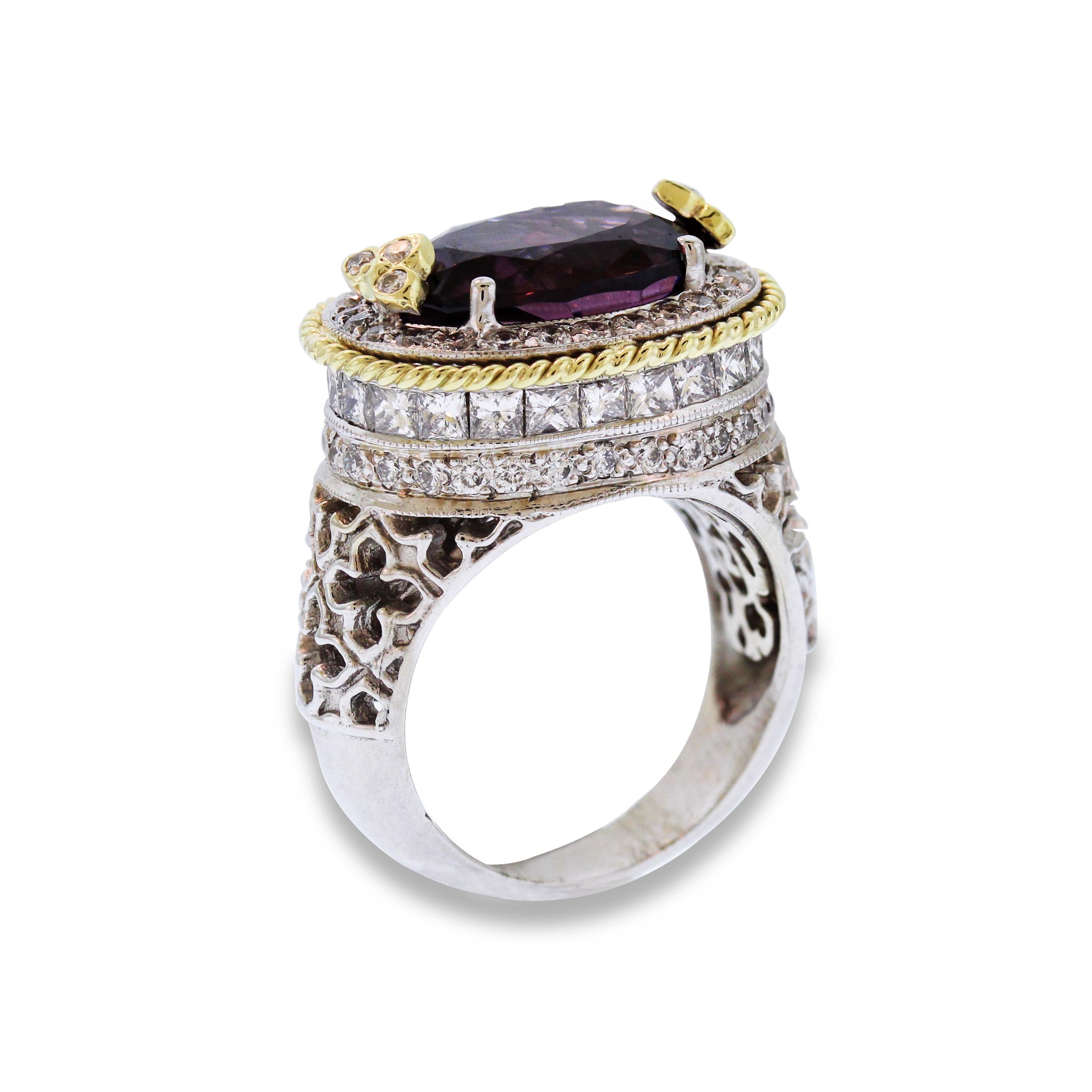 Stambolian Two-Tone Gold and Diamond Ring with Purple Spinel Center In Excellent Condition In Boca Raton, FL