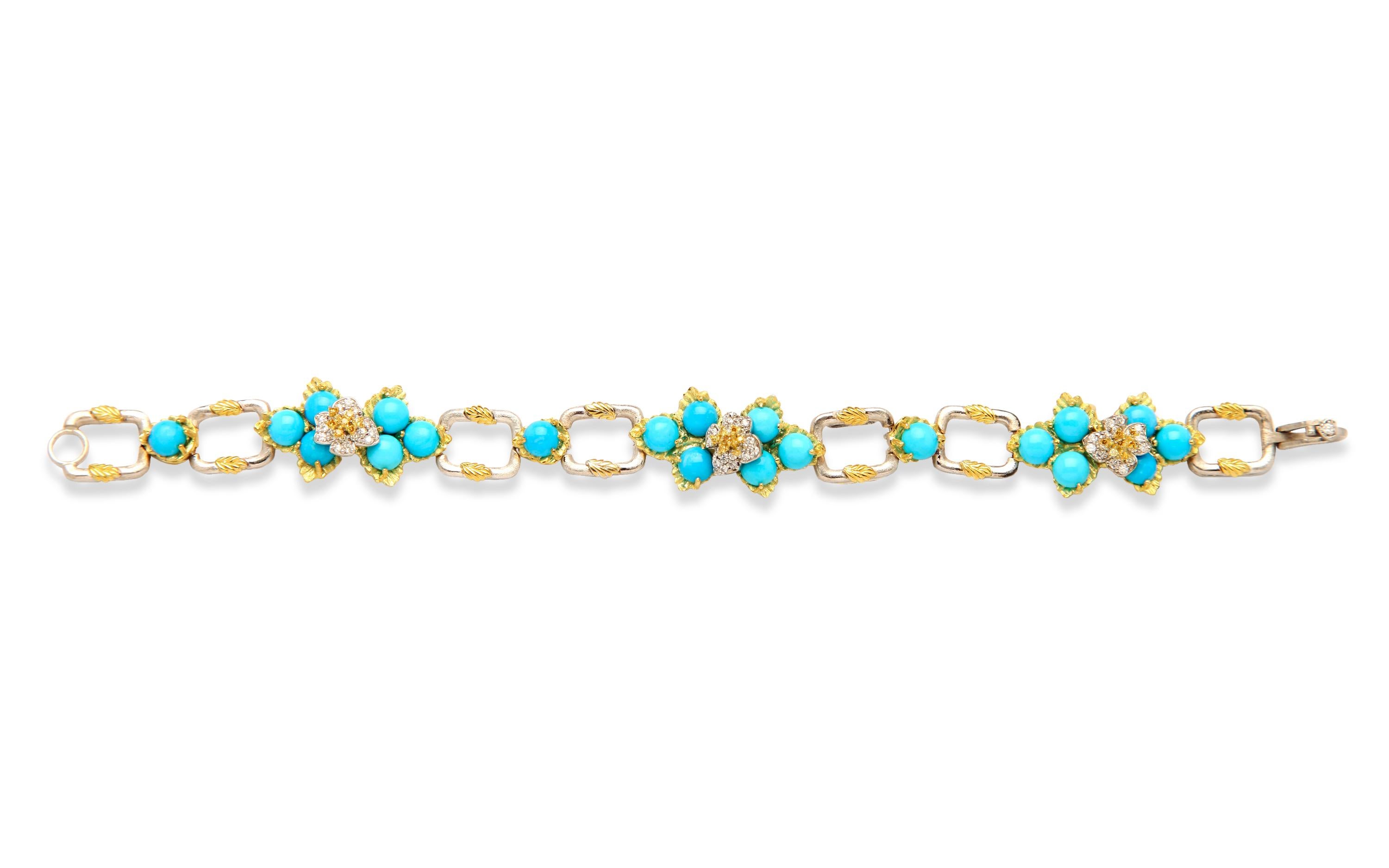 IF YOU ARE REALLY INTERESTED, CONTACT US WITH ANY REASONABLE OFFER. WE WILL TRY OUR BEST TO MAKE YOU HAPPY!

18K Yellow and White Two-Tone Gold Bracelet with White and Yellow Diamonds and Sleeping Beauty Turquoise

This state-of-the-art bracelet is
