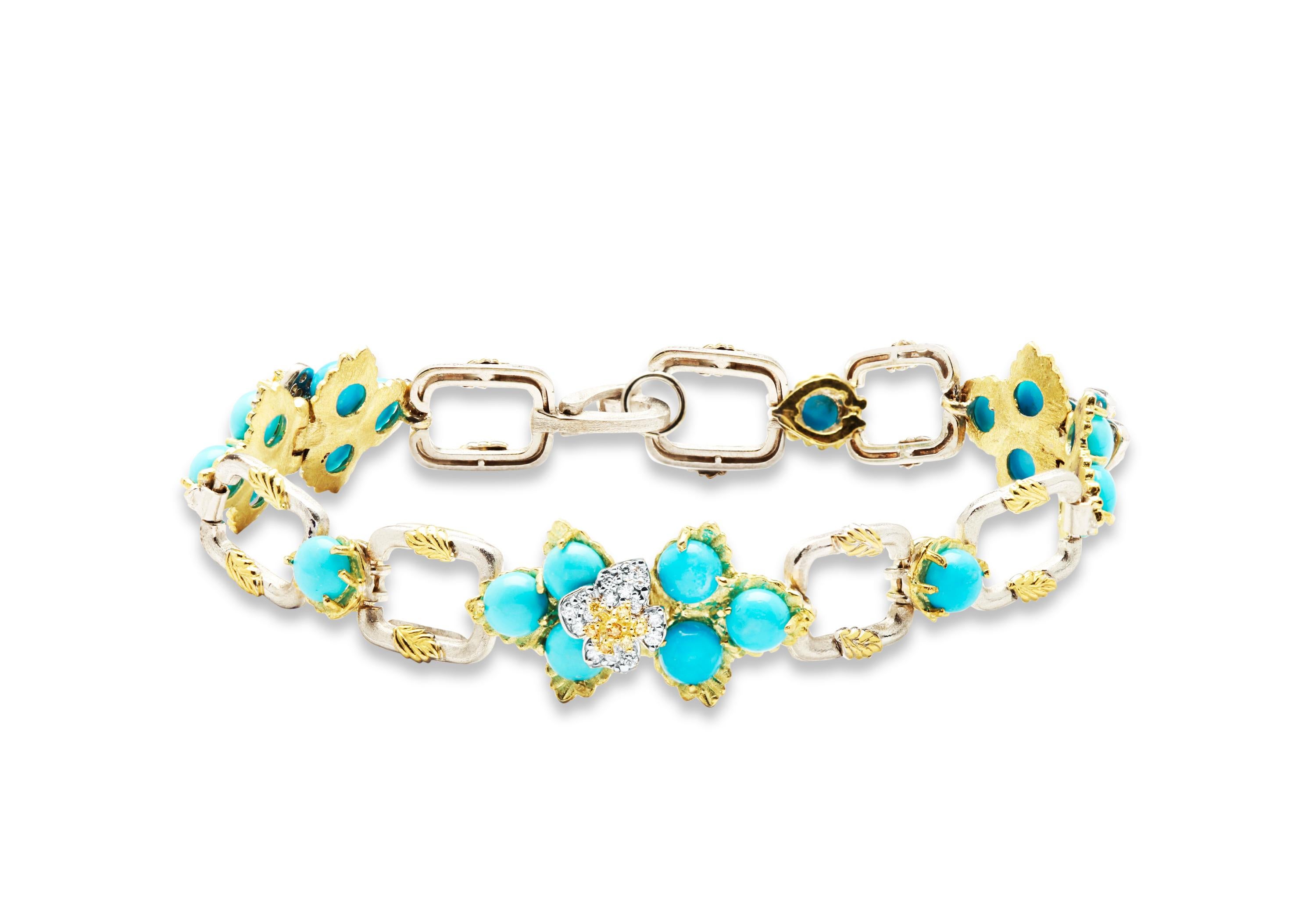 Stambolian Two-Tone Gold Turquoise Yellow Diamond Floral Link Bracelet In New Condition In Boca Raton, FL