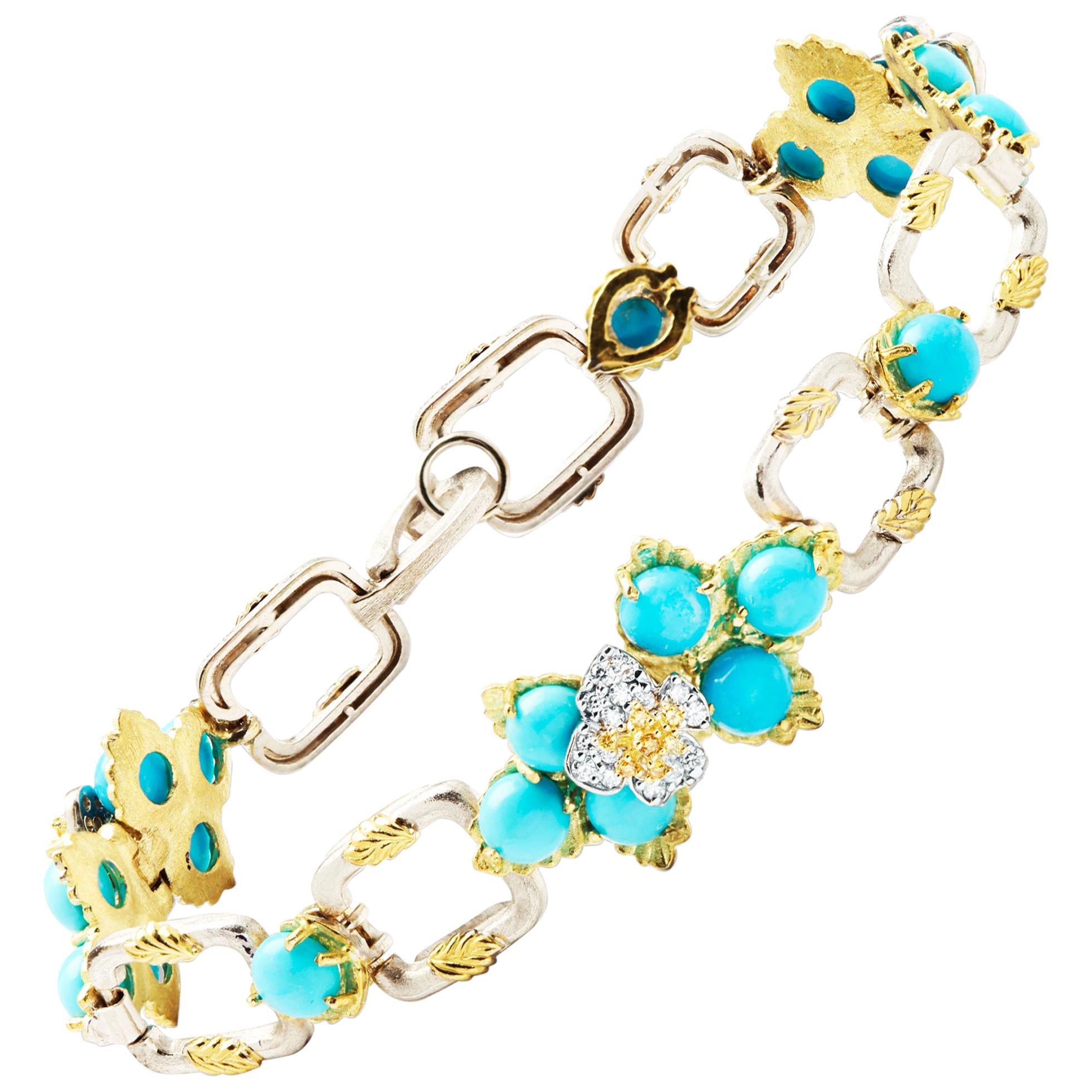 Stambolian Two-Tone Gold Turquoise Yellow Diamond Floral Link Bracelet