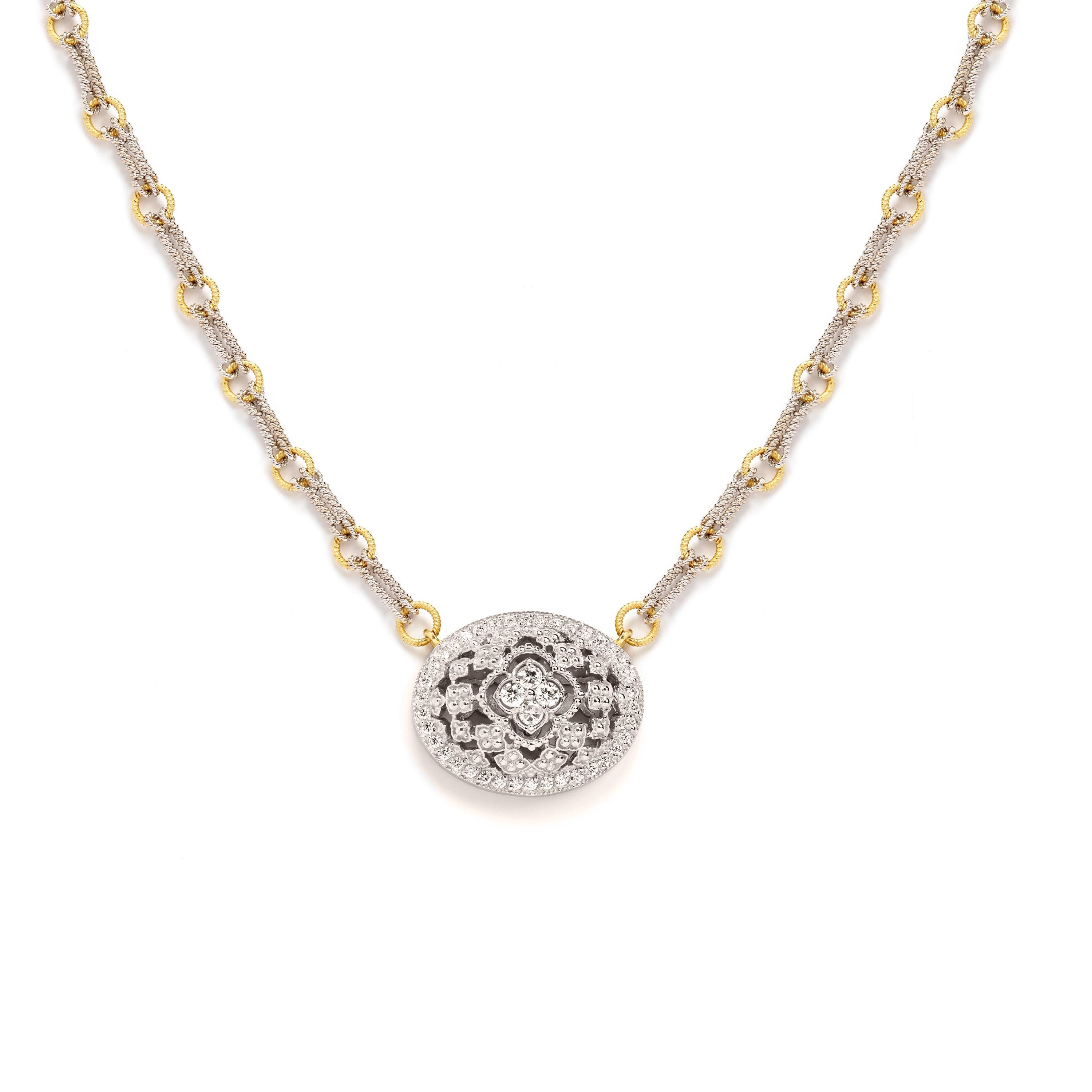18K White and Yellow Two-Tone Gold and Diamond Oval Pendant Necklace

Incredible workmanship and design on this stunning new piece by Stambolian. Chain is made entirely by hand.

0.66 carat G color, VS clarity white diamonds

Pendant is 0.90 in. x